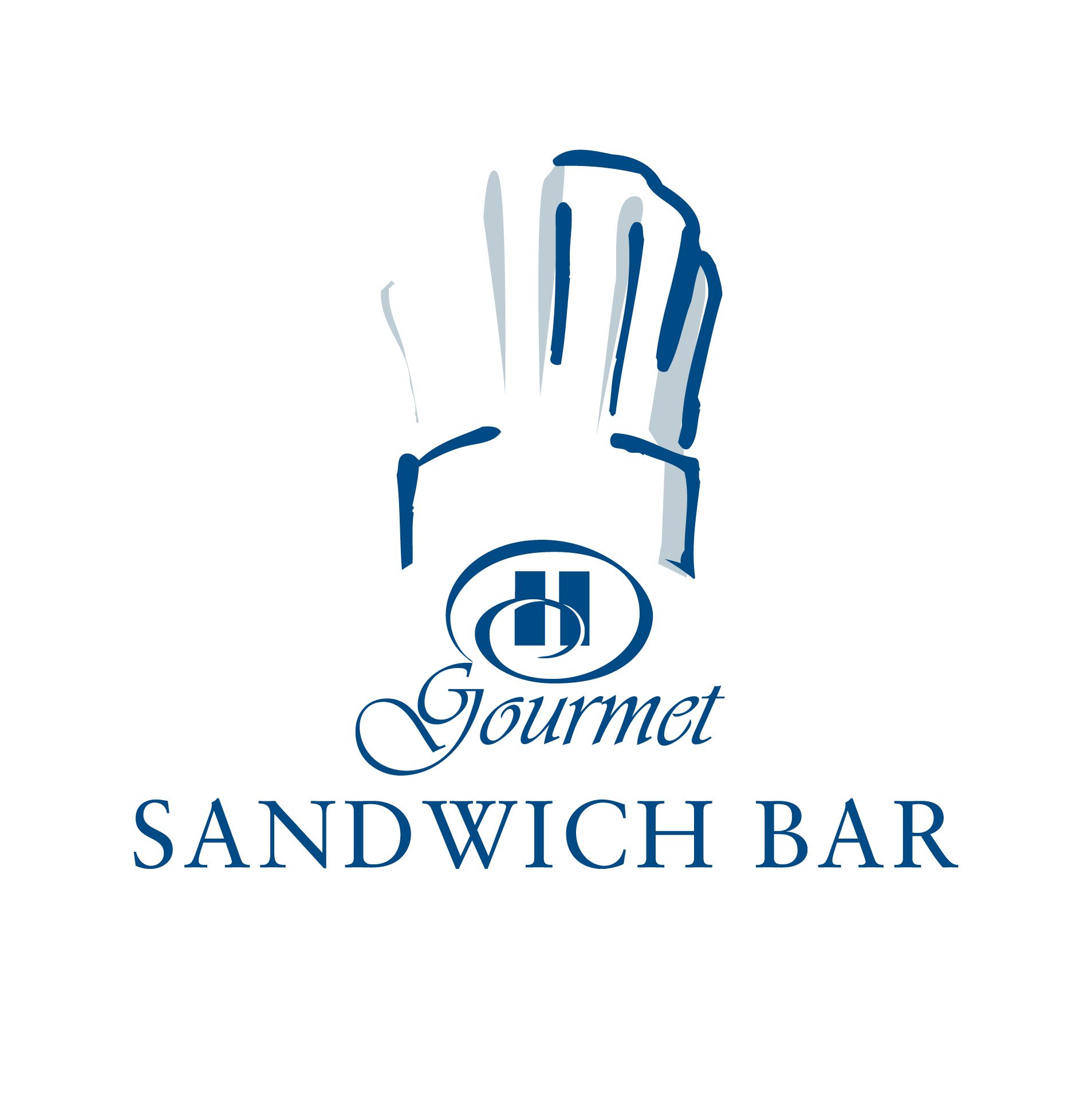 Blue and white Gourmet Sandwich Bar logo featuring a chef's hat and stylized text.