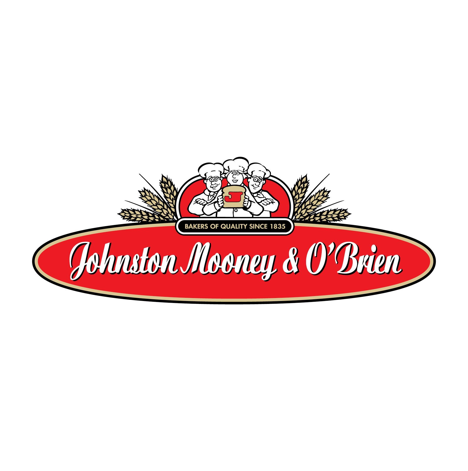 Johnston Mooney & O'Brien logo. Red oval with text and three cartoon bakers above.