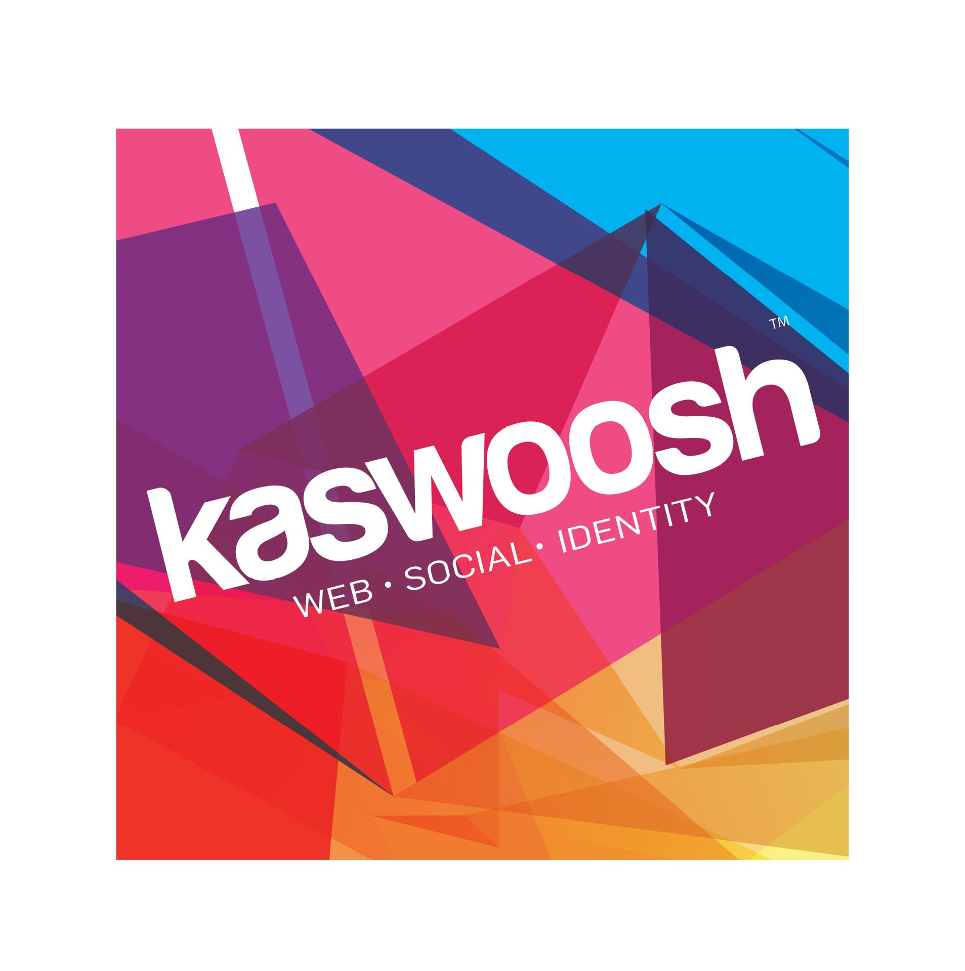 Kaswoosh logo: White text on geometric colorful background: web, social, identity.