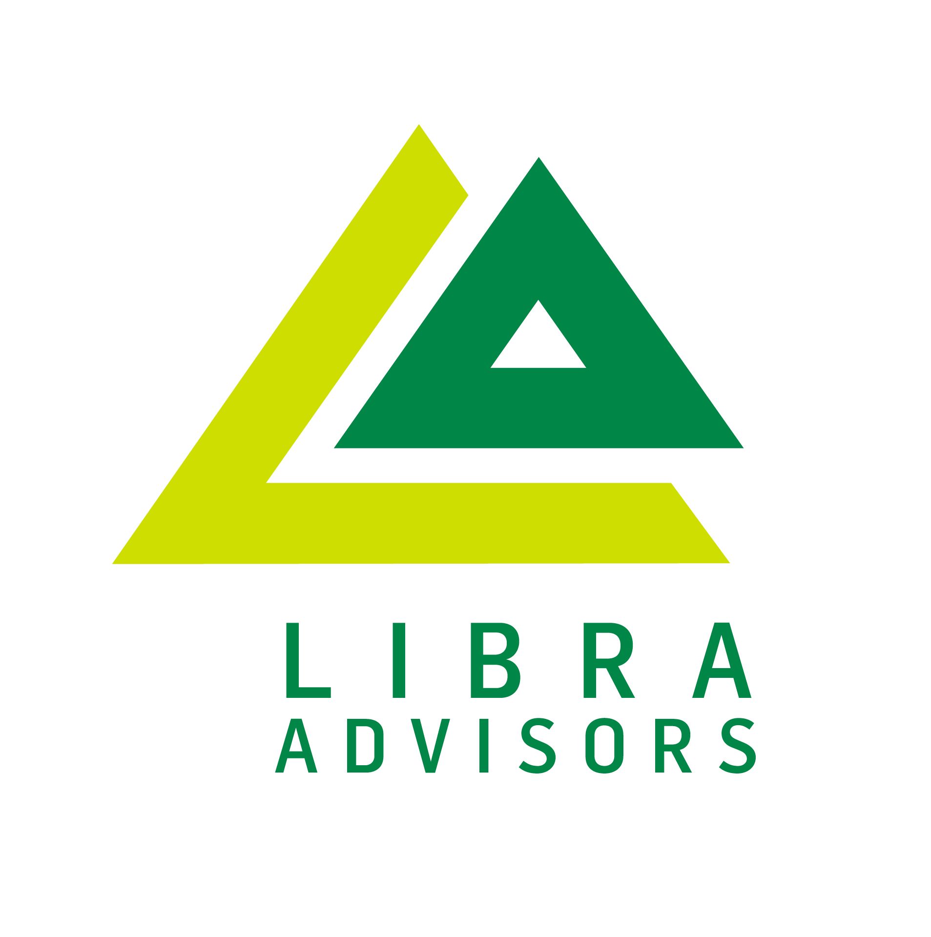 Green and yellow geometric Libra Advisors logo. Two stacked triangles, one with a smaller triangle inside. Text: 