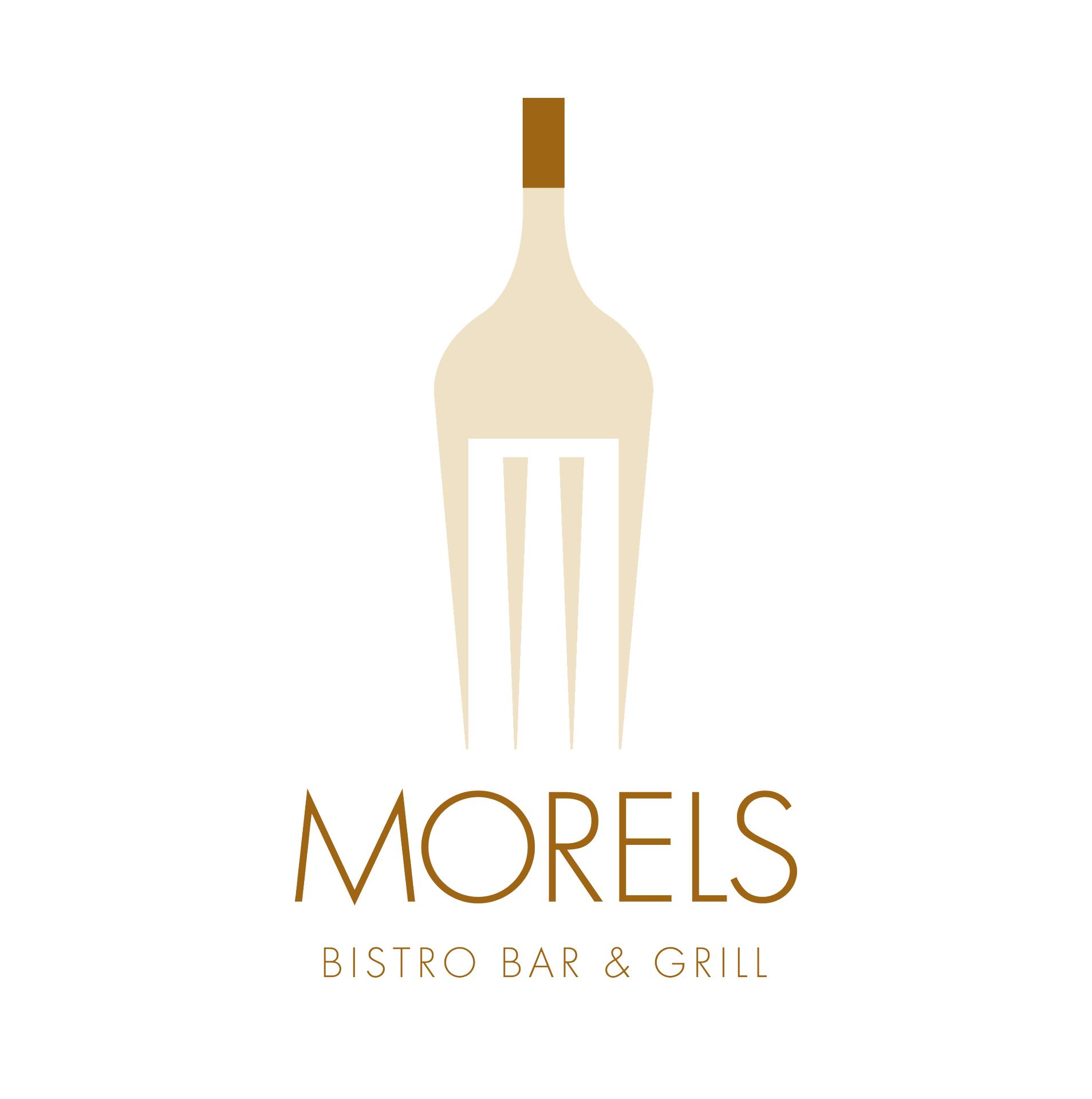 Logo for Morels Bistro Bar & Grill: beige bottle-fork illustration above text in gold.