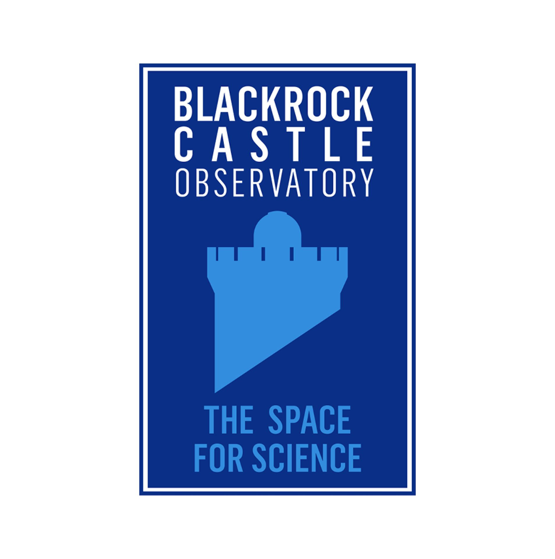 Logo for Blackrock Castle Observatory: Blue castle silhouette inside a blue rectangle, with white text.
