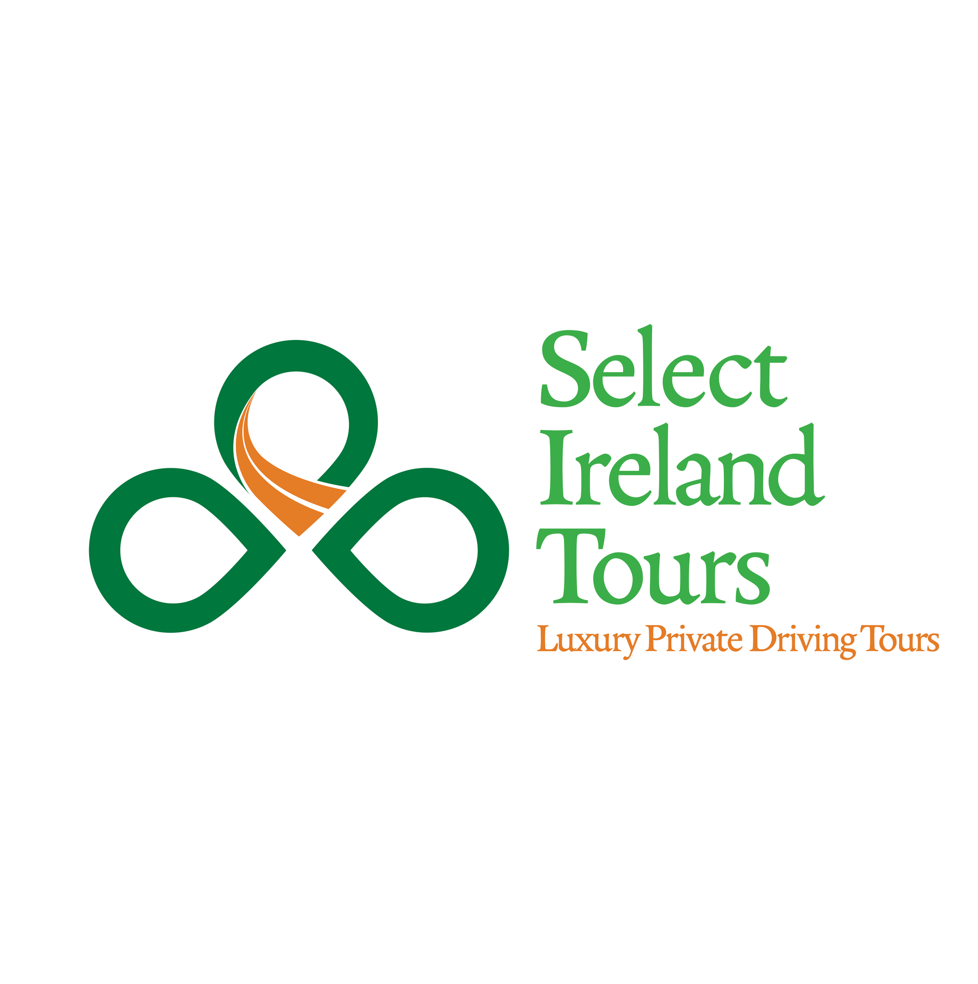 Logo for Select Ireland Tours, with green clover shape and orange curved line, green text.