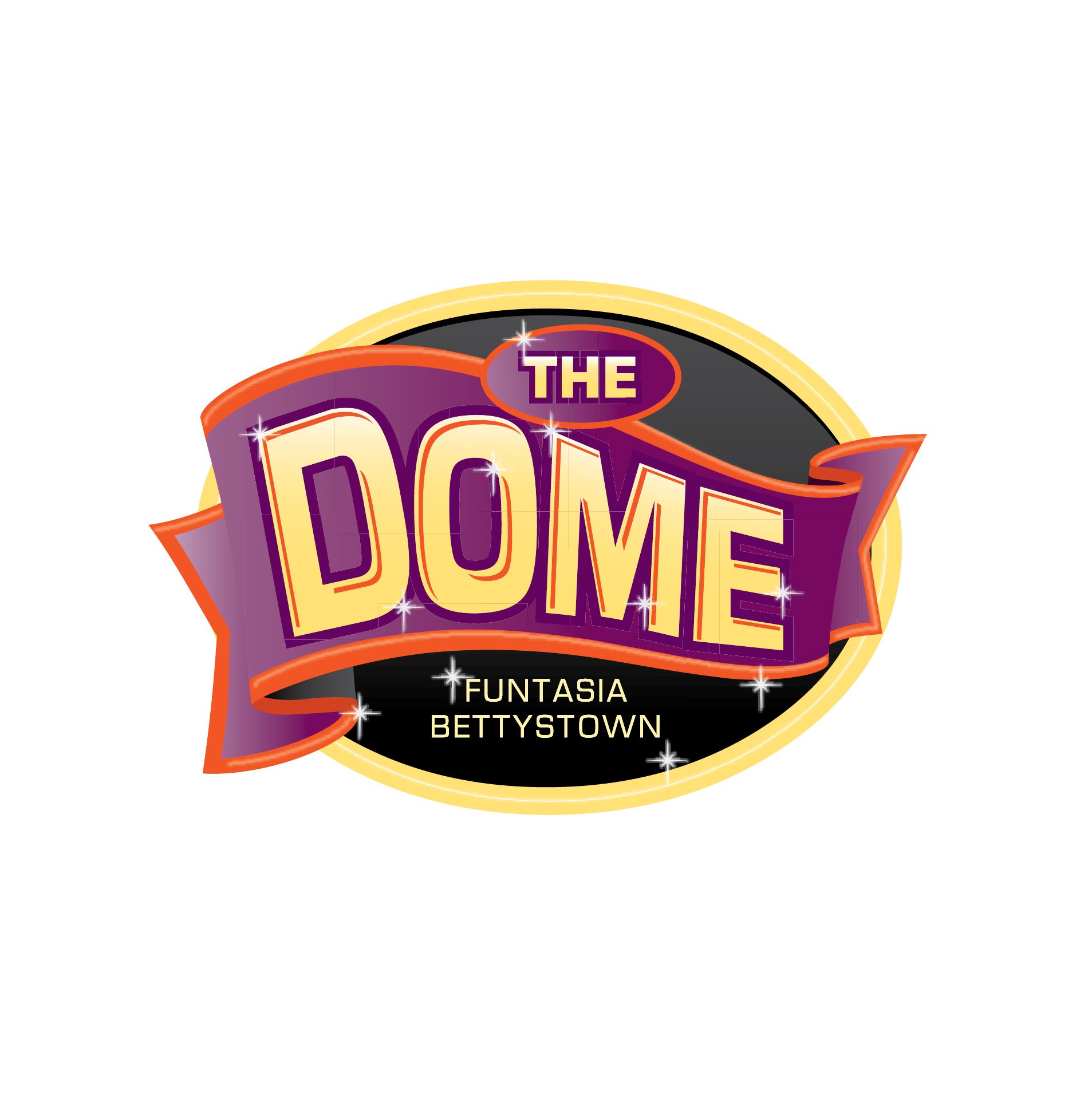 The Dome, Funtasia Bettystown logo with purple ribbon, gold text, black oval, and star sparkles.
