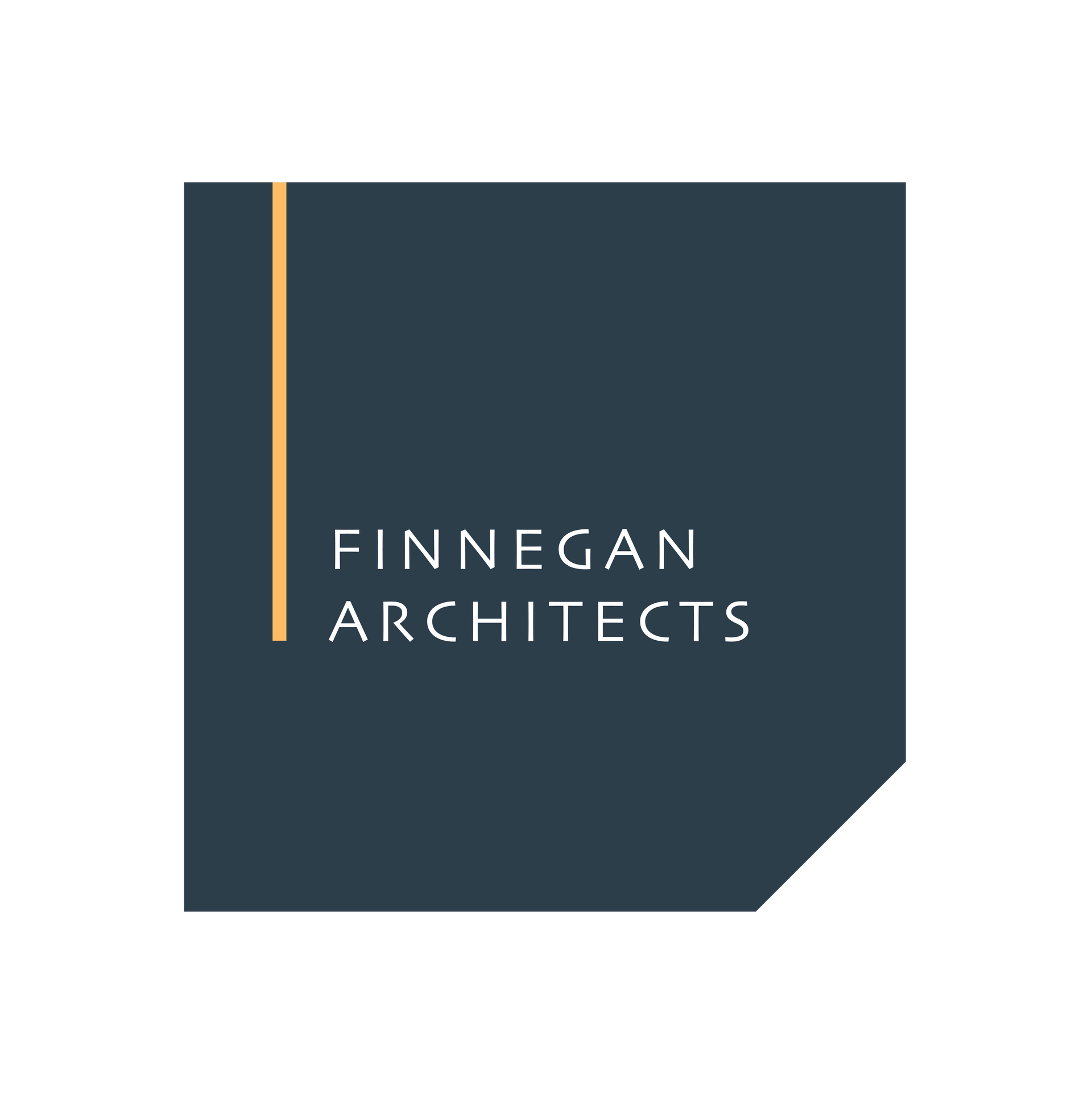 Logo for Finnegan Architects: dark blue square with a gold vertical line and white text, 
