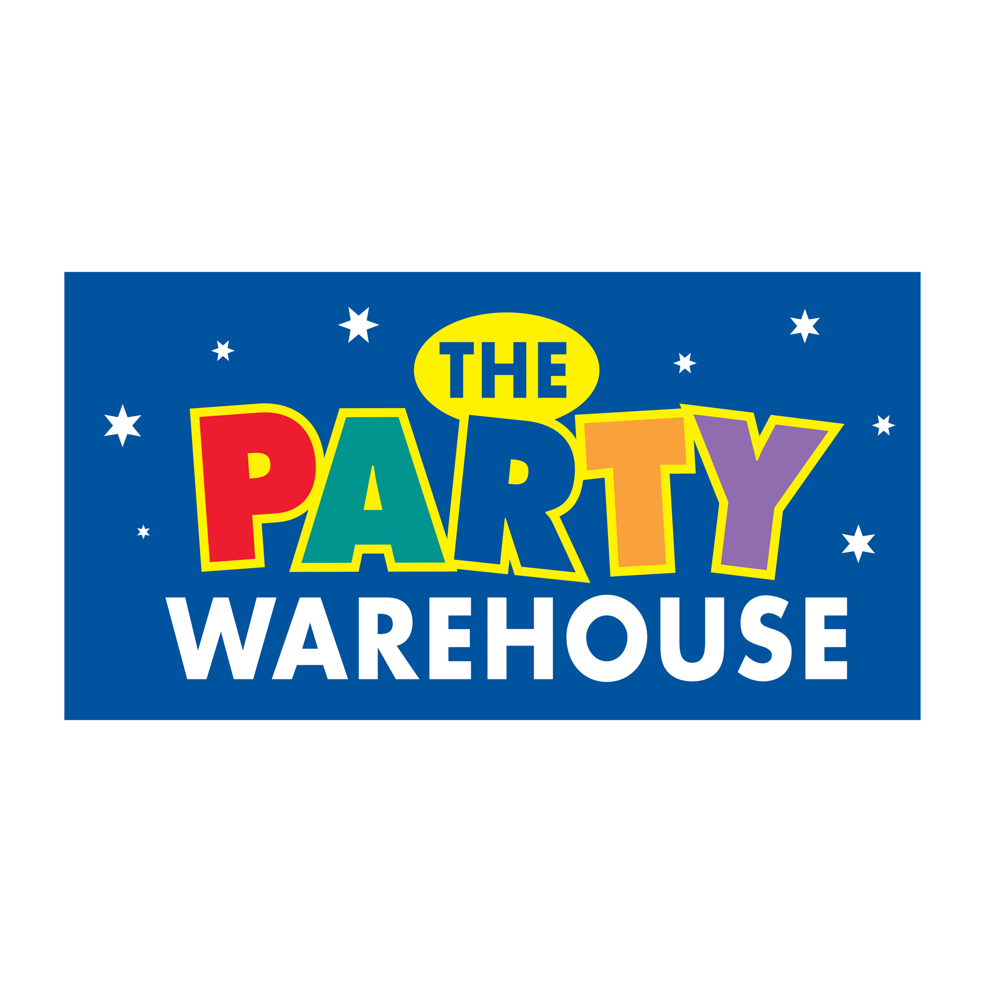 Logo for The Party Warehouse: Blue background with white text 