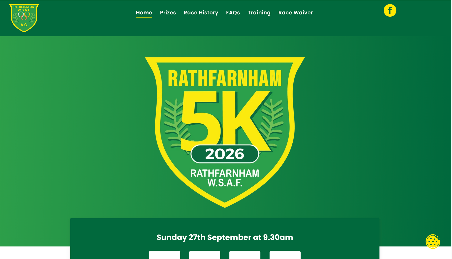 Rathfarnham 5K logo on a green background. Yellow shield with 