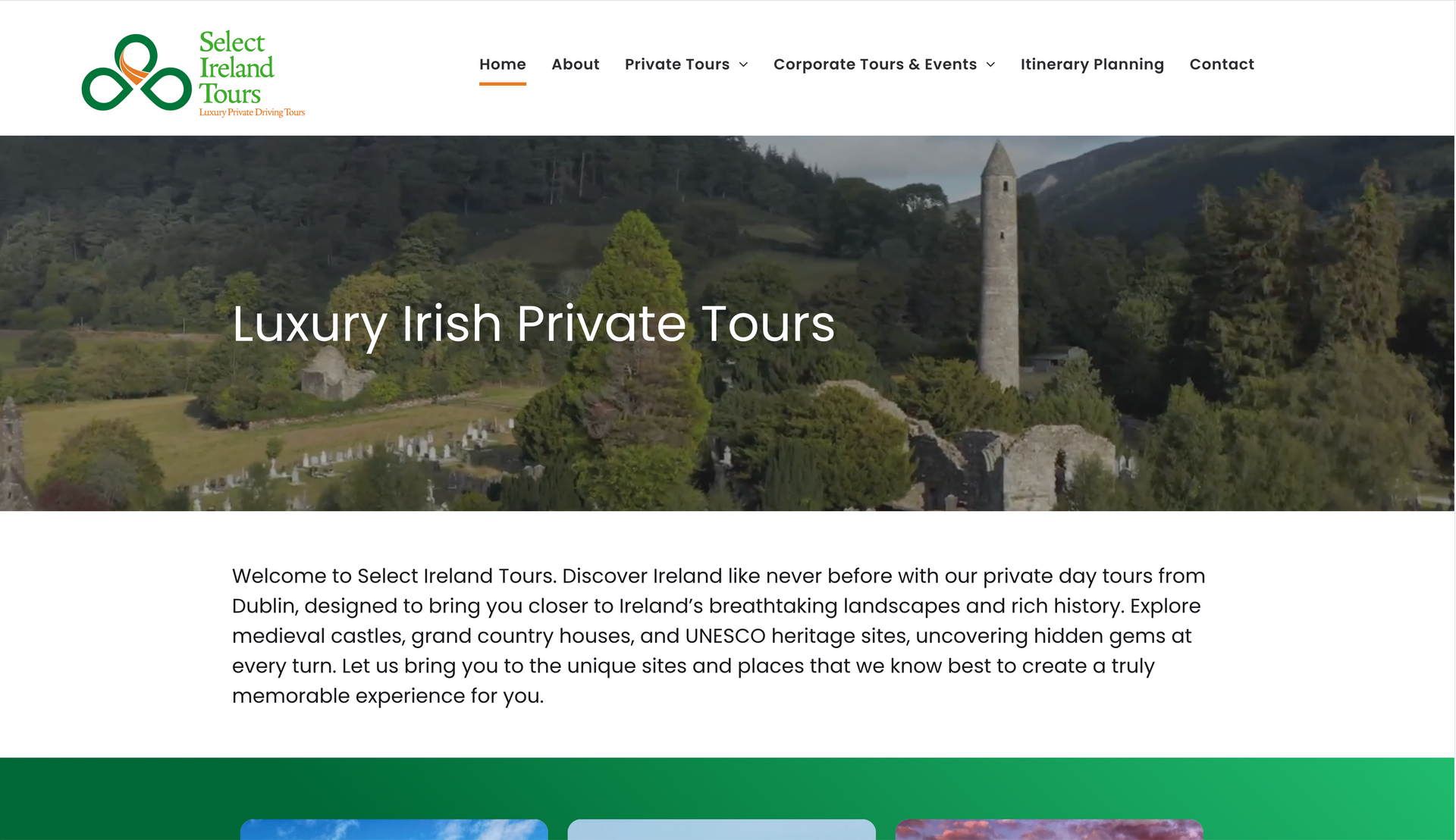 Website homepage for Select Ireland Tours, featuring a scenic Irish landscape.
