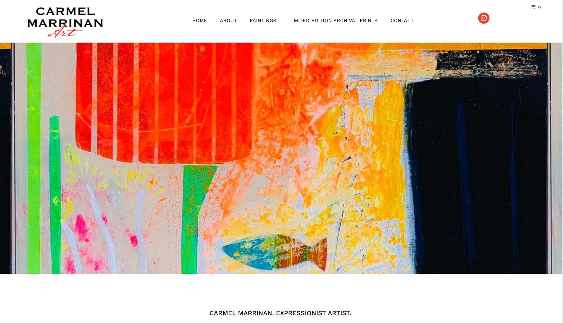 Carmel Marinian art website homepage. Colorful abstract painting with orange, yellow, and blue hues.