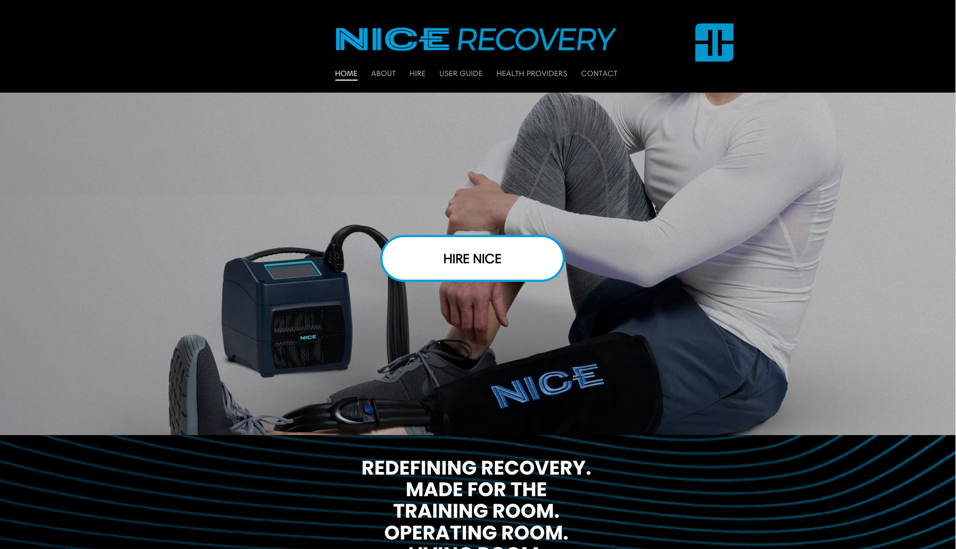 Man using NICE Recovery device on leg, indoors. Text on device and company logo visible.