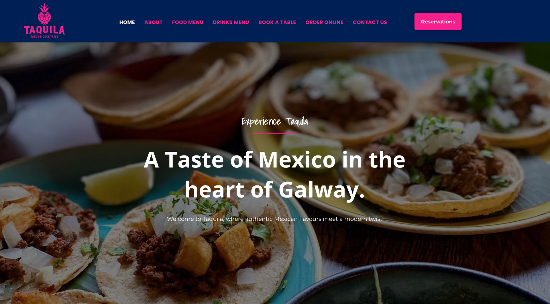 Tacos with toppings on plates, a lime, and restaurant's website homepage. 