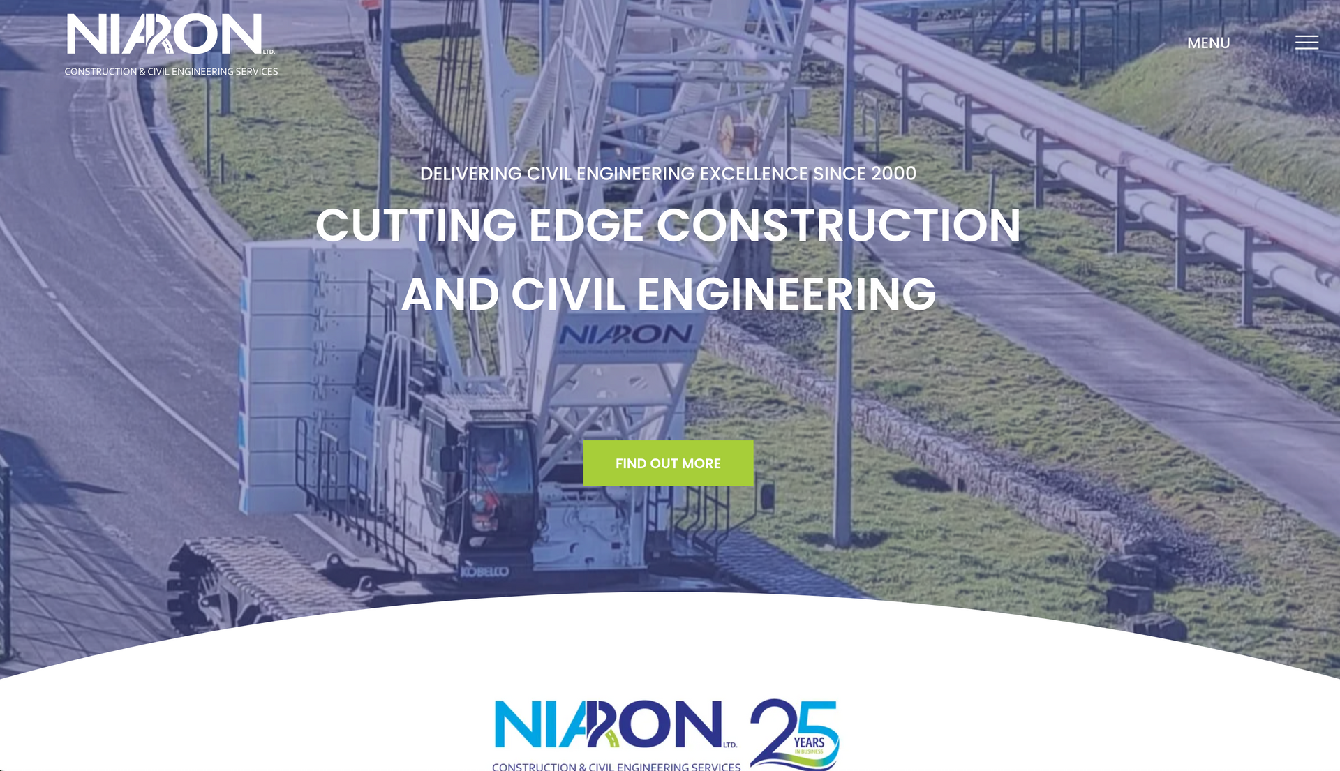 Construction crane on site with roadway in background; Niaion logo with 