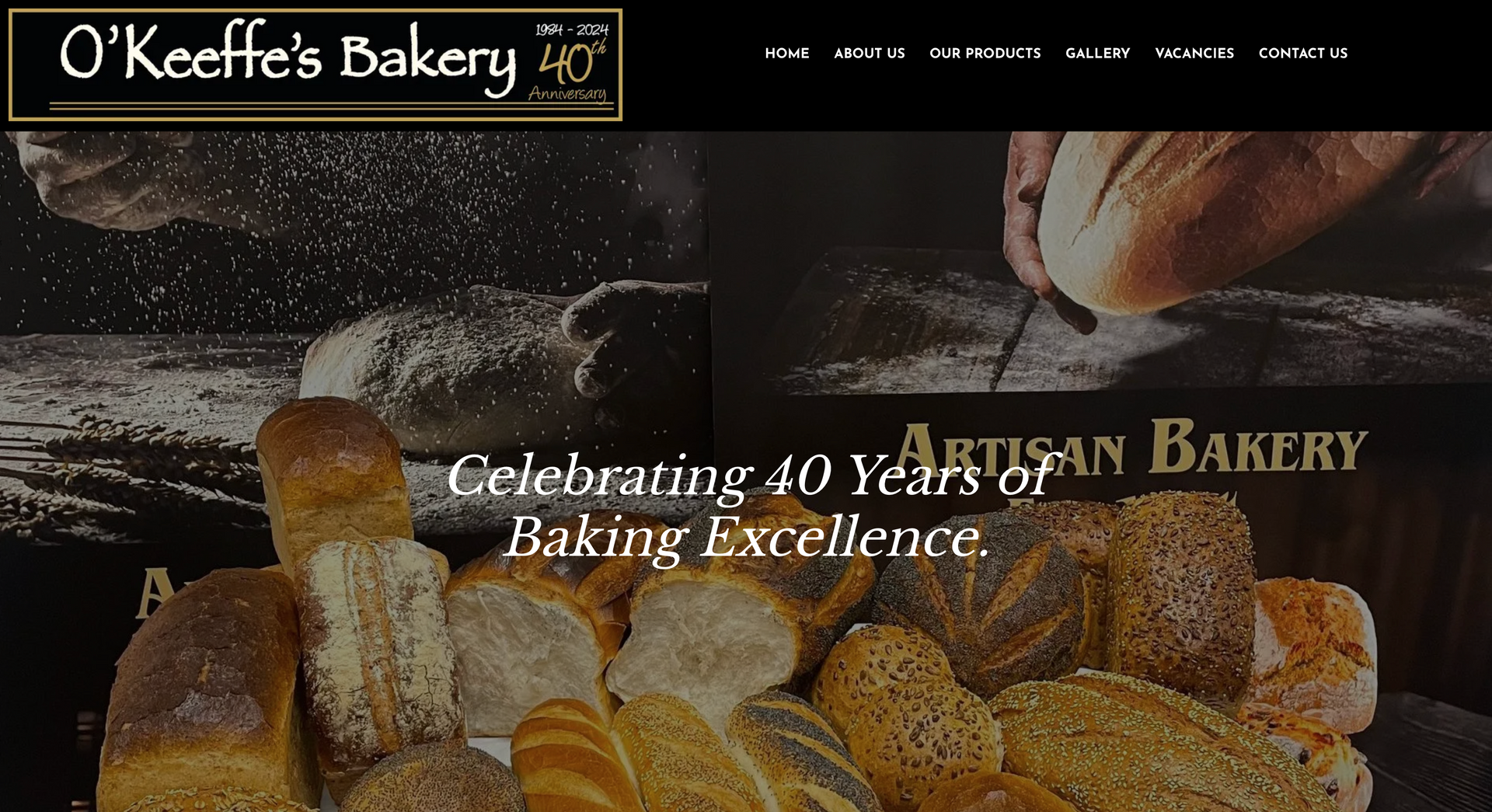 O'Keeffe's Bakery website homepage featuring various bread loaves and text celebrating 40 years of baking excellence.