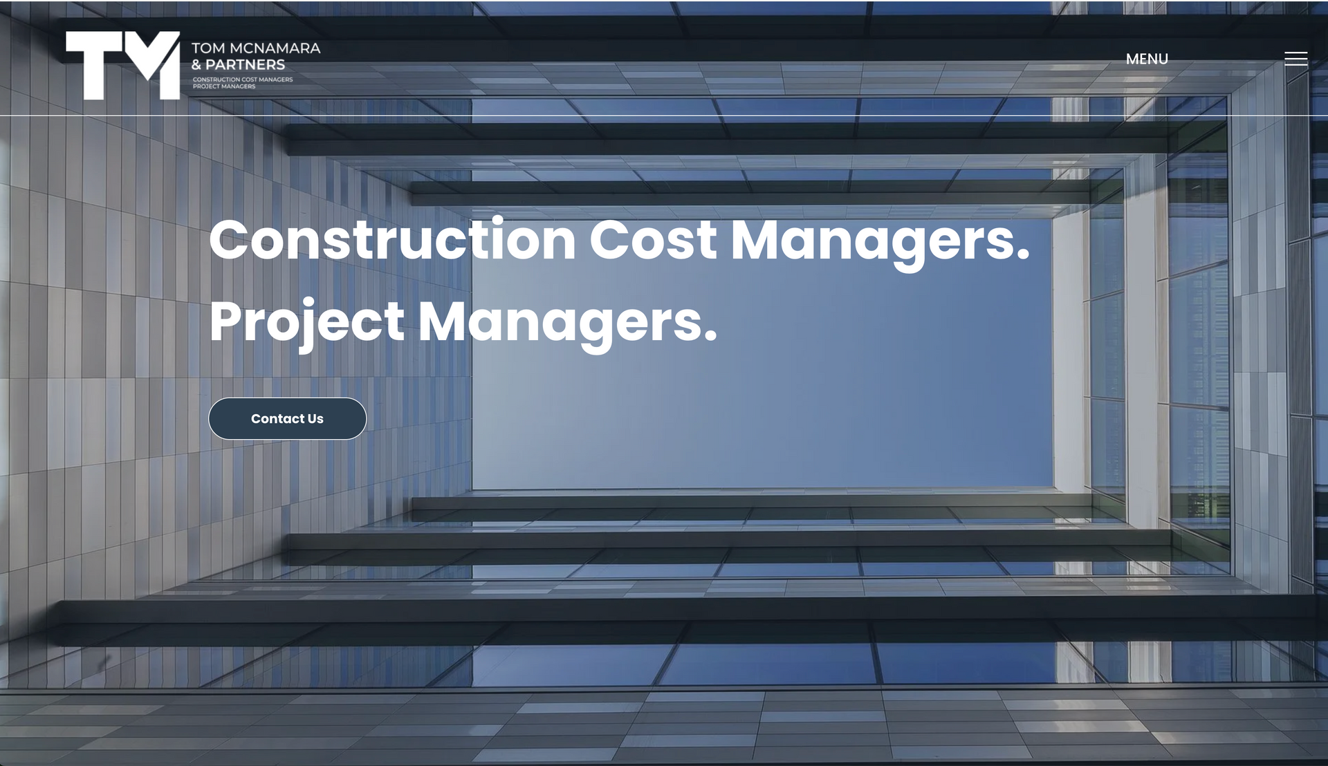 Looking up at a modern building, text overlay: 