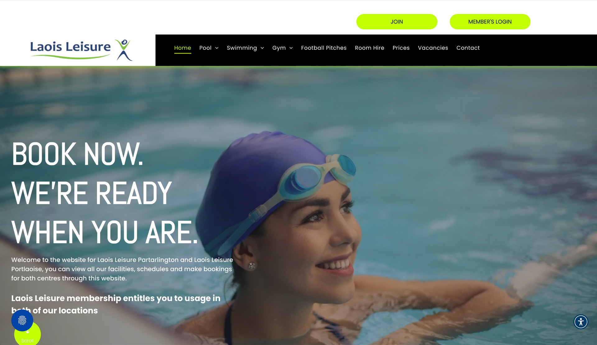 Woman in pool wearing swim cap and goggles, text