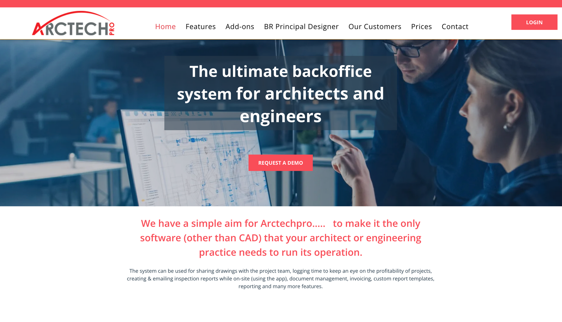 Website homepage featuring two people looking at a blueprint, with the text 