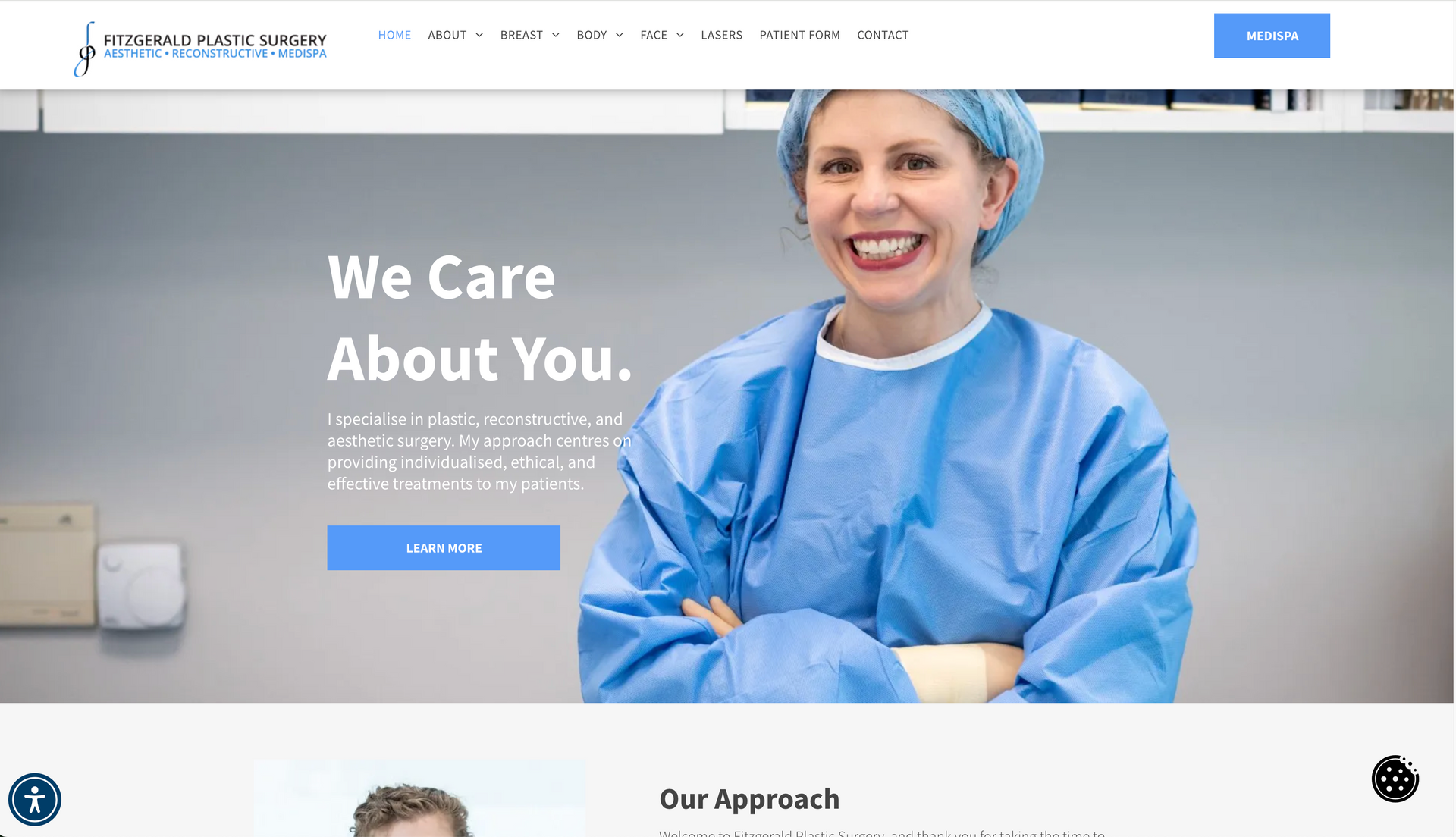 Woman in surgical scrubs smiles, text 