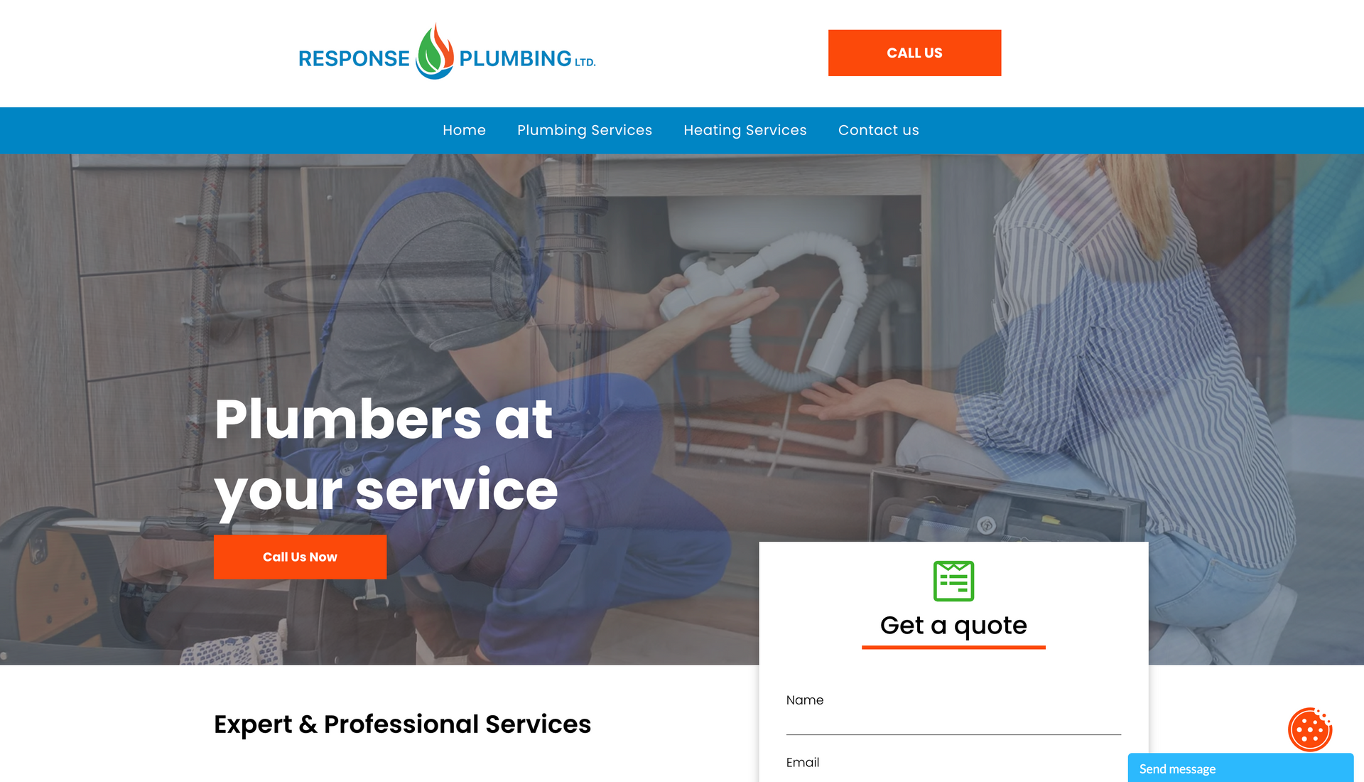 Website homepage with plumbers working on a pipe, blue header, orange call-to-action buttons.