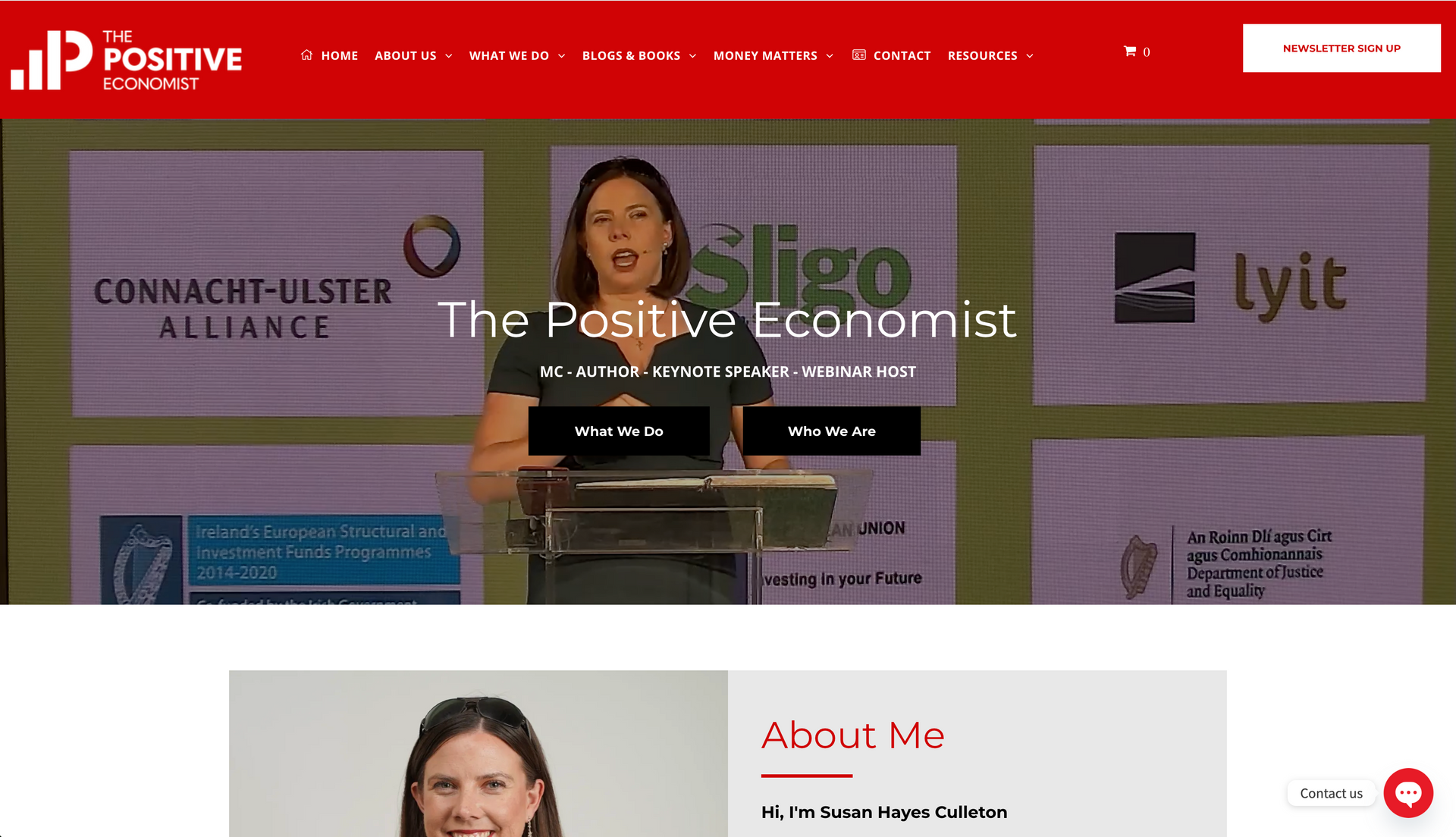 Website homepage with a woman speaking from a podium; “The Positive Economist” logo; logos of partners.