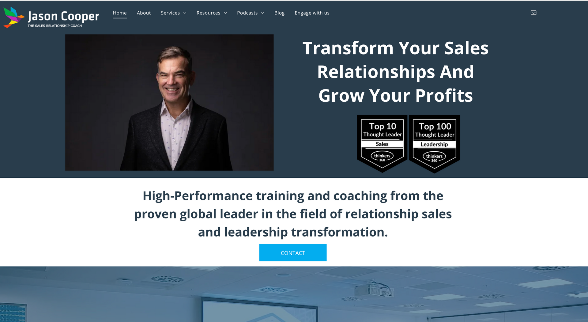 Website banner with a smiling man, 