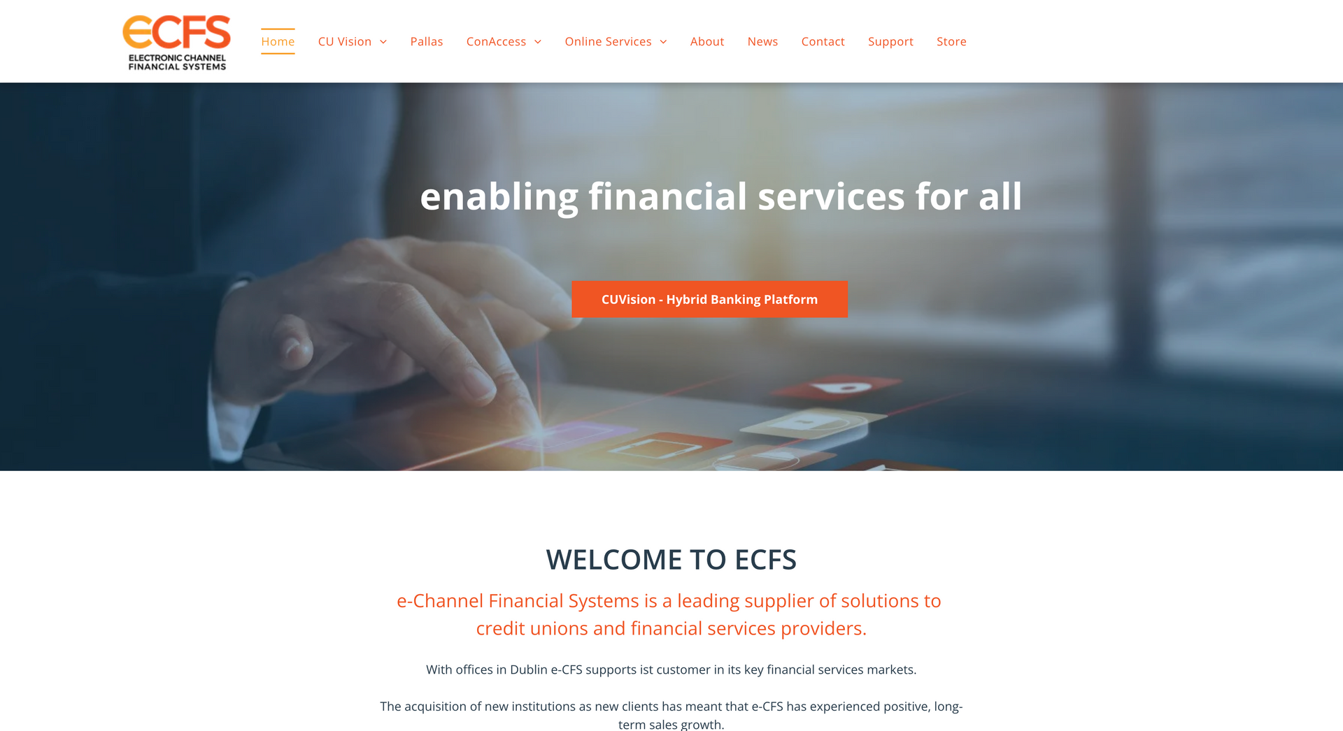 CCFS website homepage with blurred hands on a digital device and 