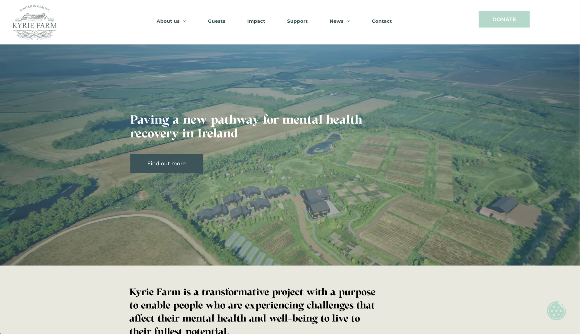 Website homepage featuring aerial view of a nature retreat, text overlay 
