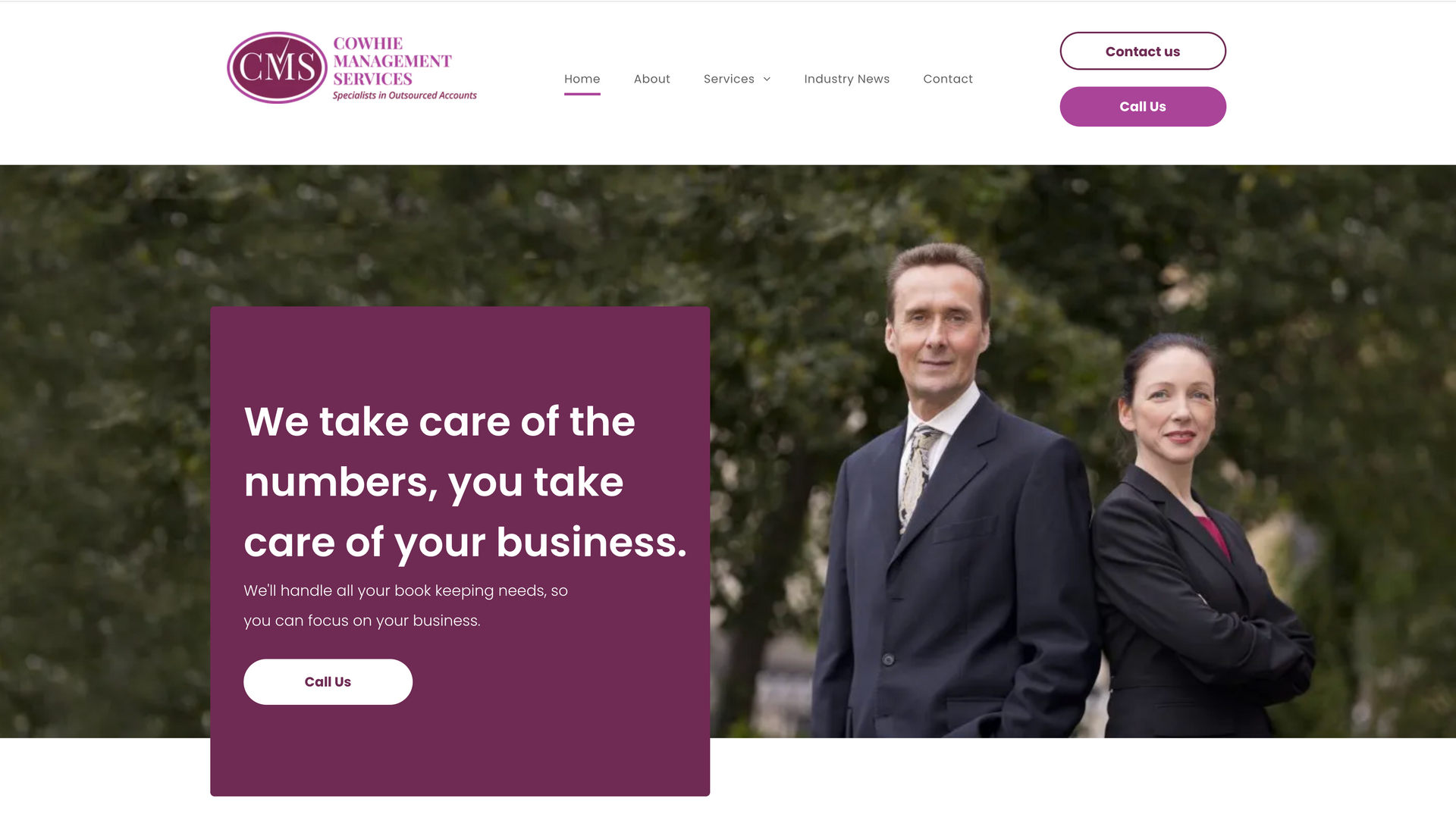 Two professionals in business attire; the woman smiles, and text overlay: 