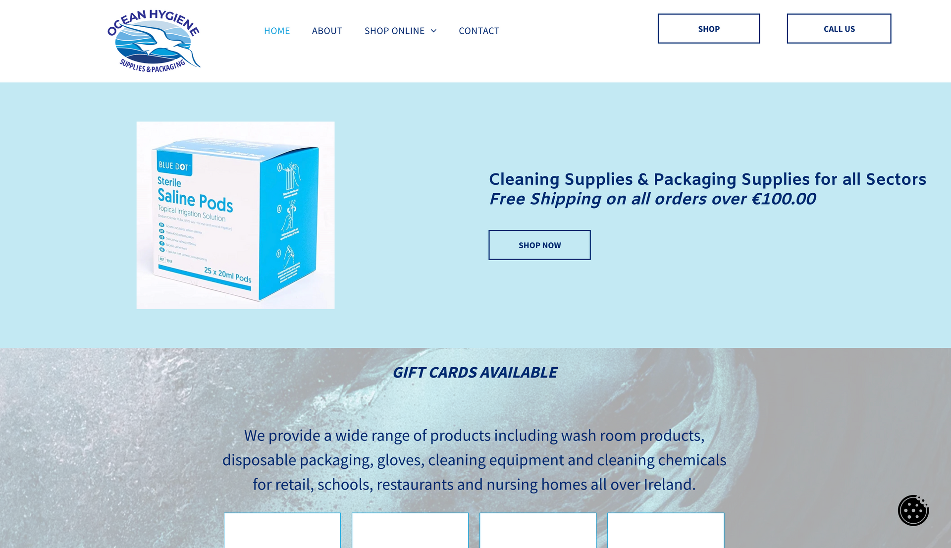 Website with blue and white color scheme, cleaning and packaging supplies.