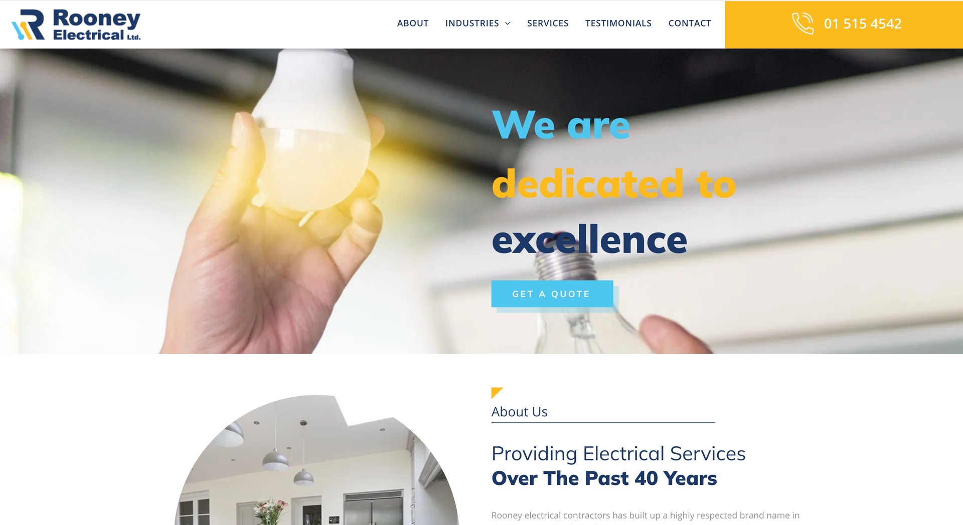 Website homepage for Rooney Electrical, with a person holding a lit lightbulb.