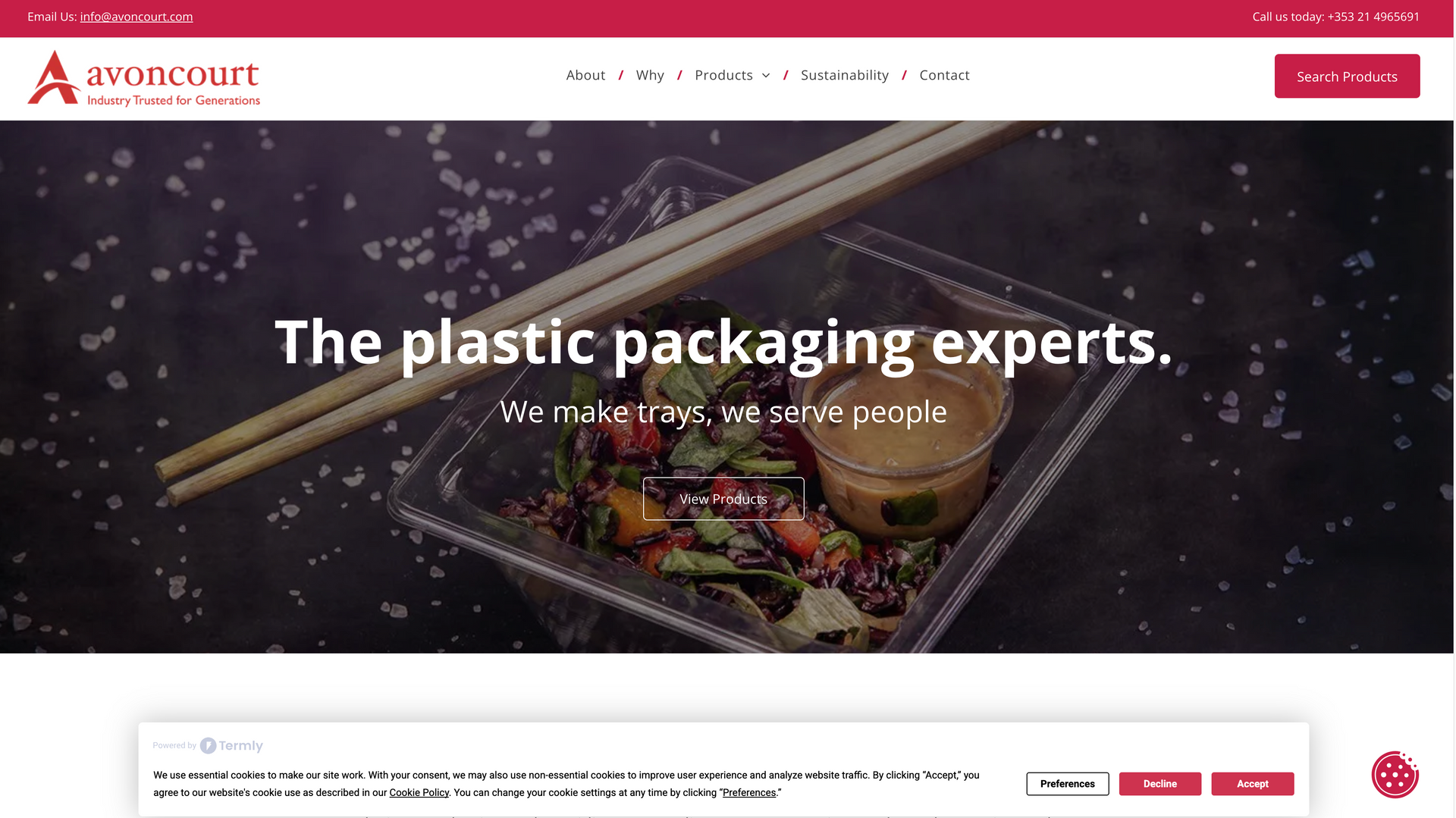 Website banner of Apennine, a plastic packaging company, featuring food in a container with chopsticks.