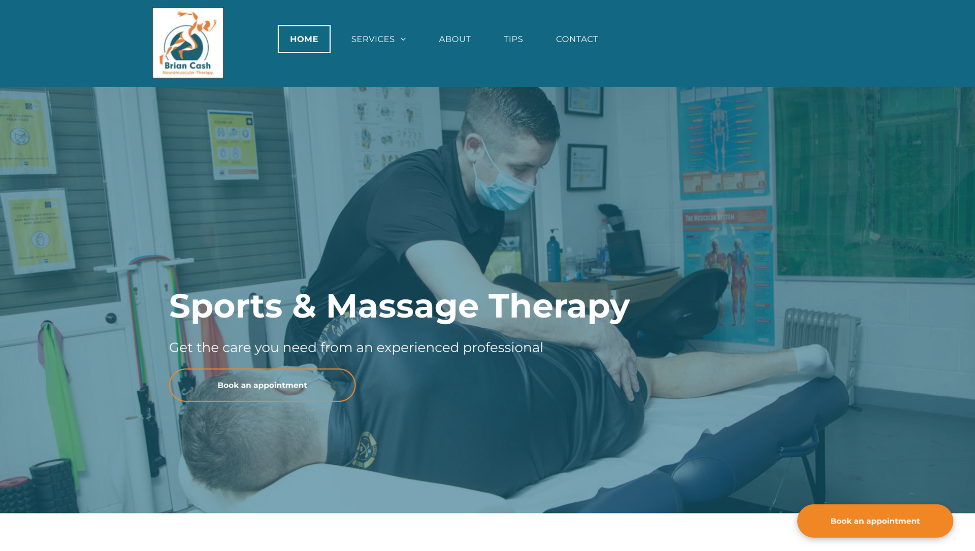 Man receiving sports massage therapy on a table, another person working, blue-green background.