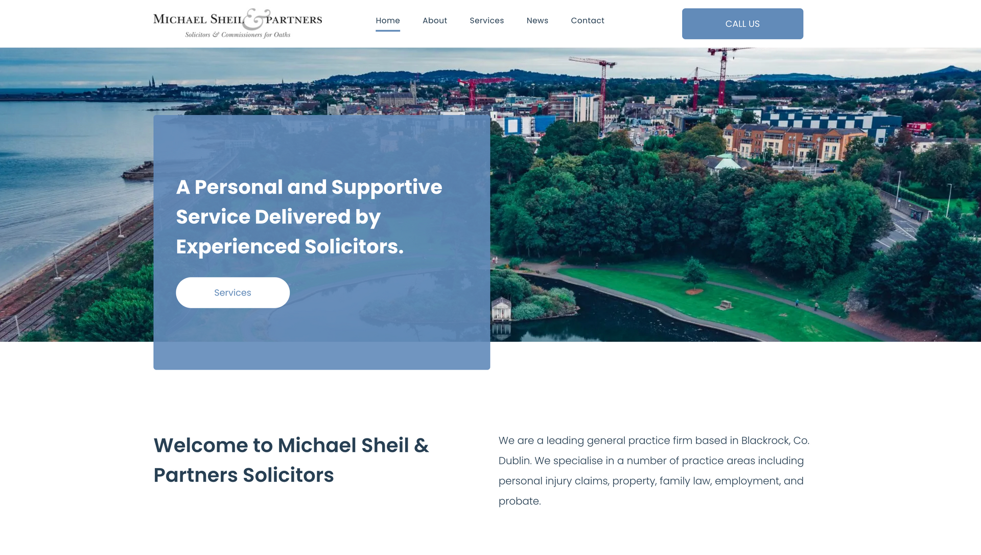 Website header for Michael Shellie, Partners Solicitors with coastal landscape backdrop.