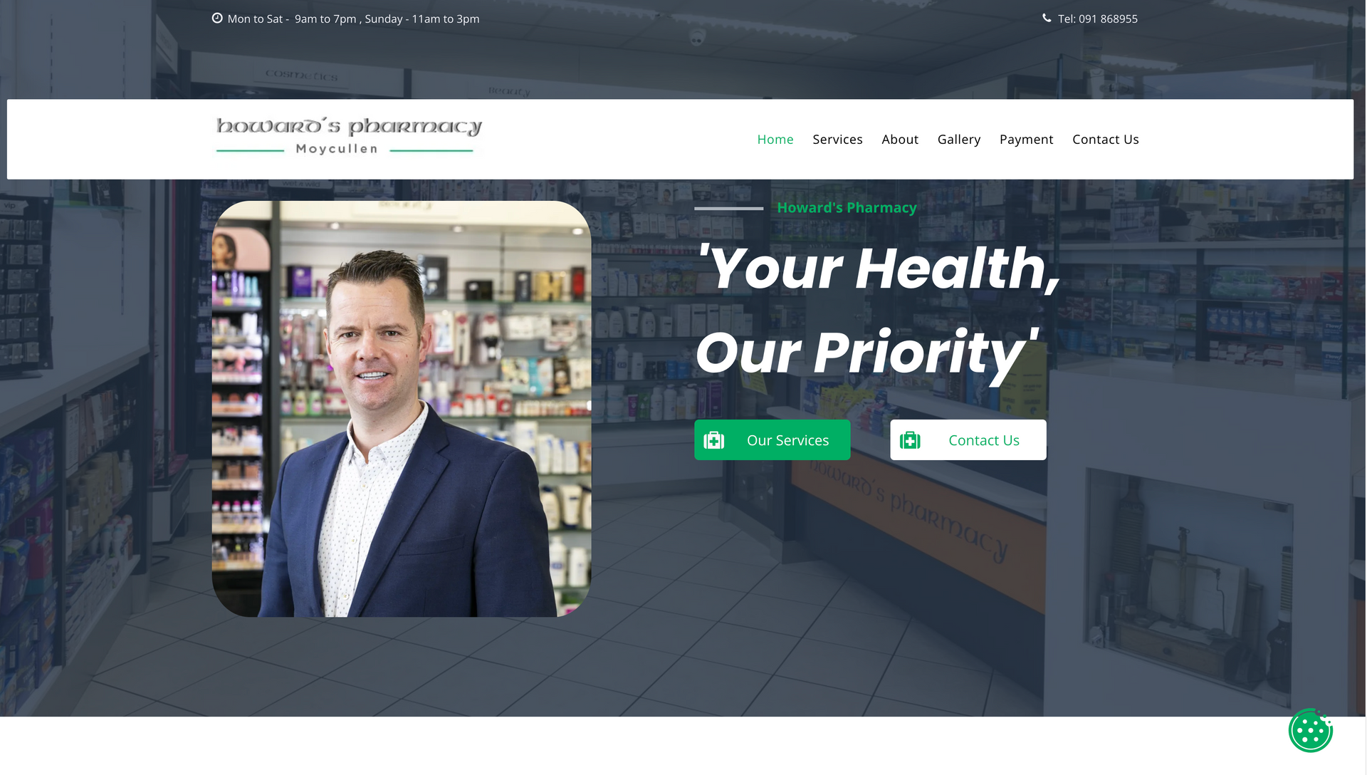 Man in a suit in a pharmacy, with the text 