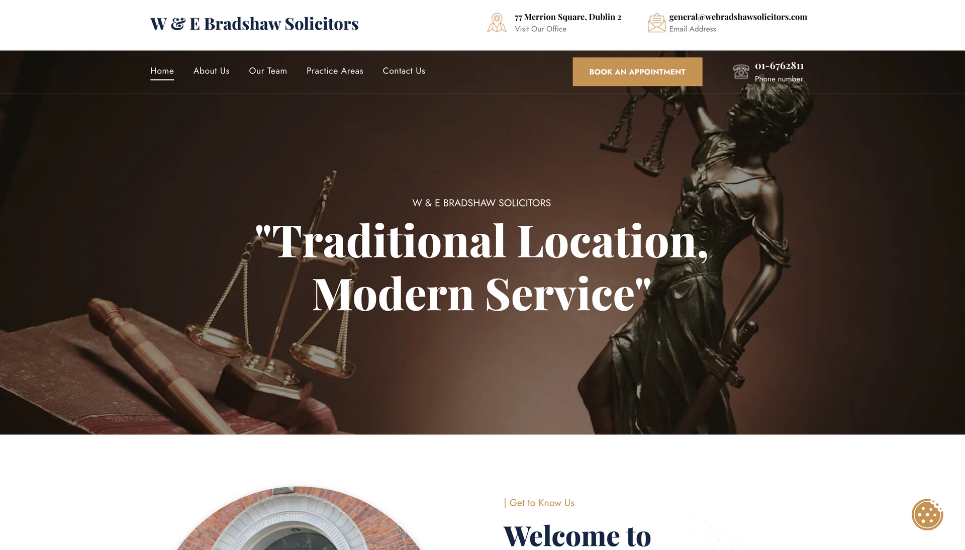 Website homepage, Justice statue, scales, gavel, text: 
