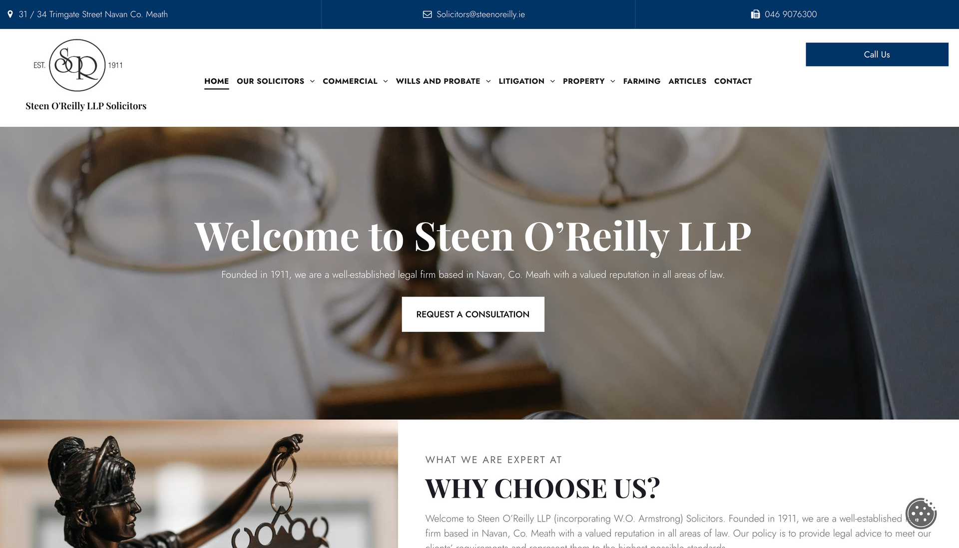 Website homepage for Steen O'Reilly LLP law firm, with logo, navigation, and welcoming message.