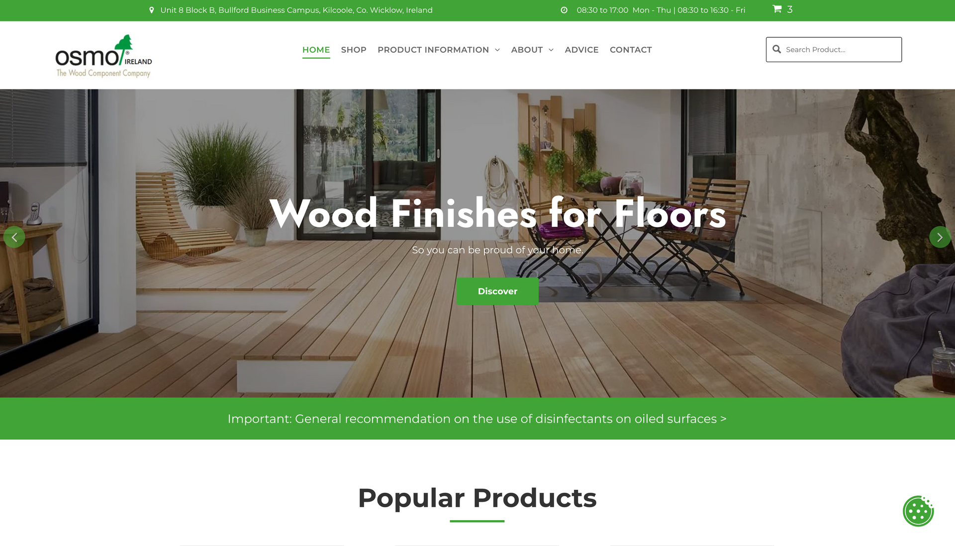 Website homepage featuring a wooden deck with text 