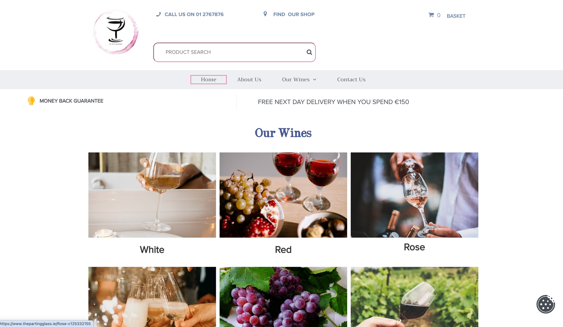 Website homepage showcasing white, red, and rosé wine options, with related photos.