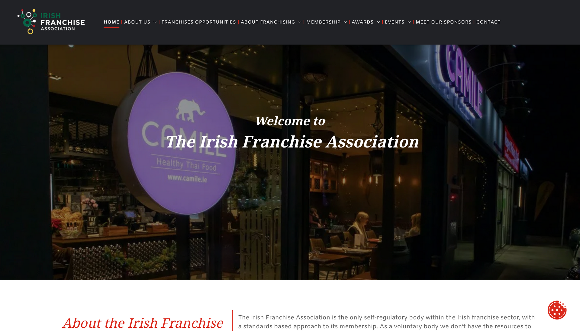 Website of the Irish Franchise Association, with a nighttime exterior shot of a restaurant.
