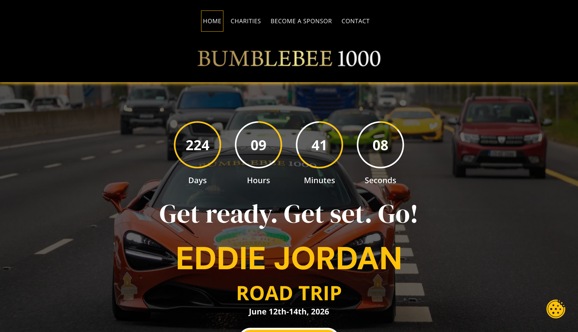 Orange car leading a road trip with counters. 