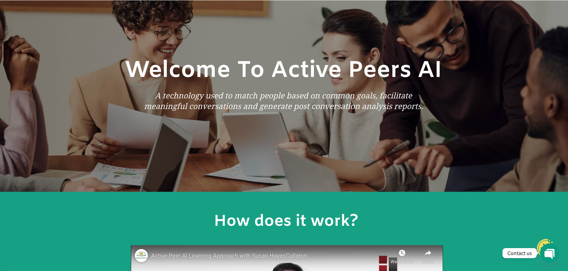 Group working at a table with laptops and papers, green background with 