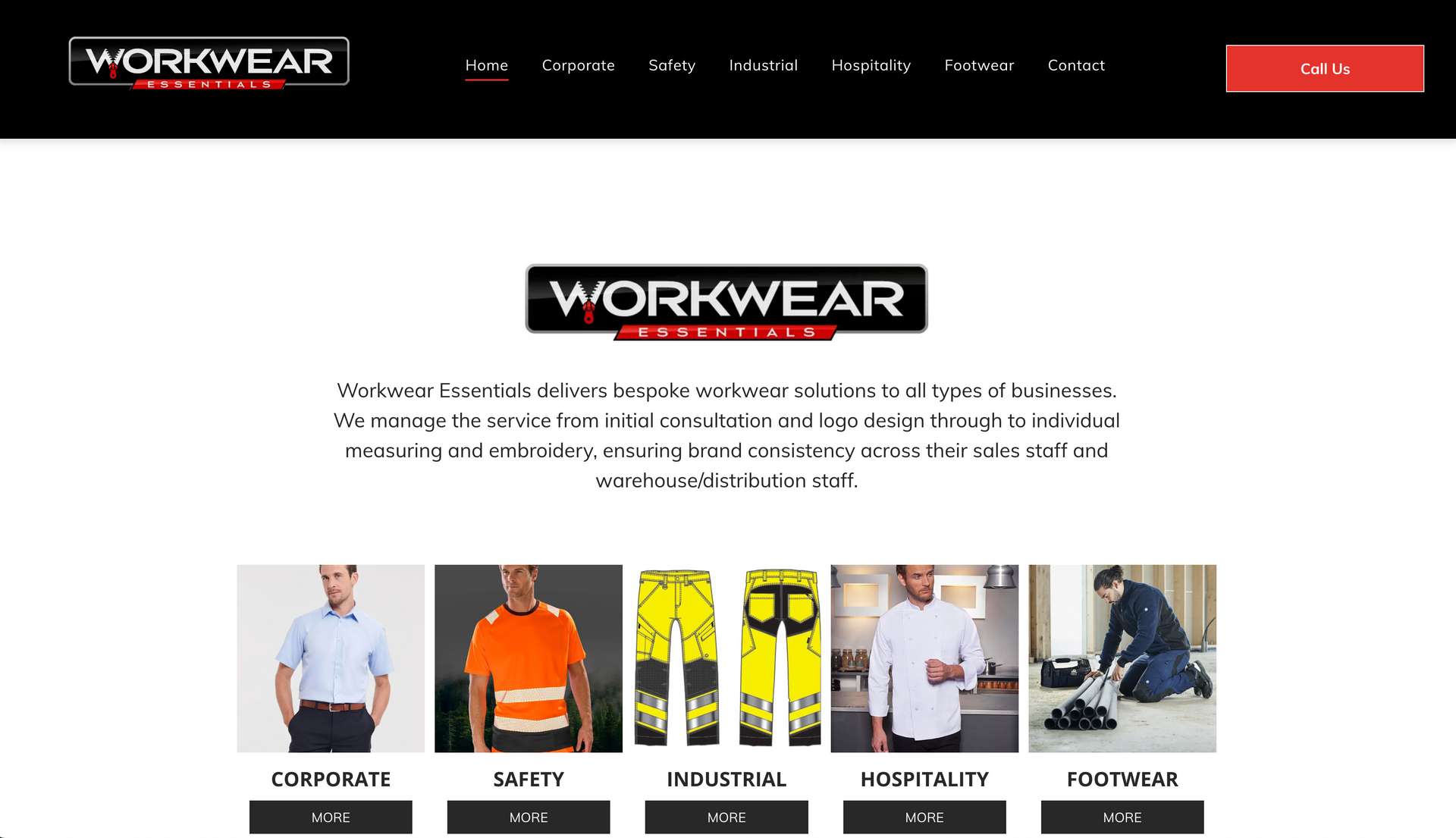 Workwear website, homepage with product categories: corporate, safety, industrial, hospitality, footwear.