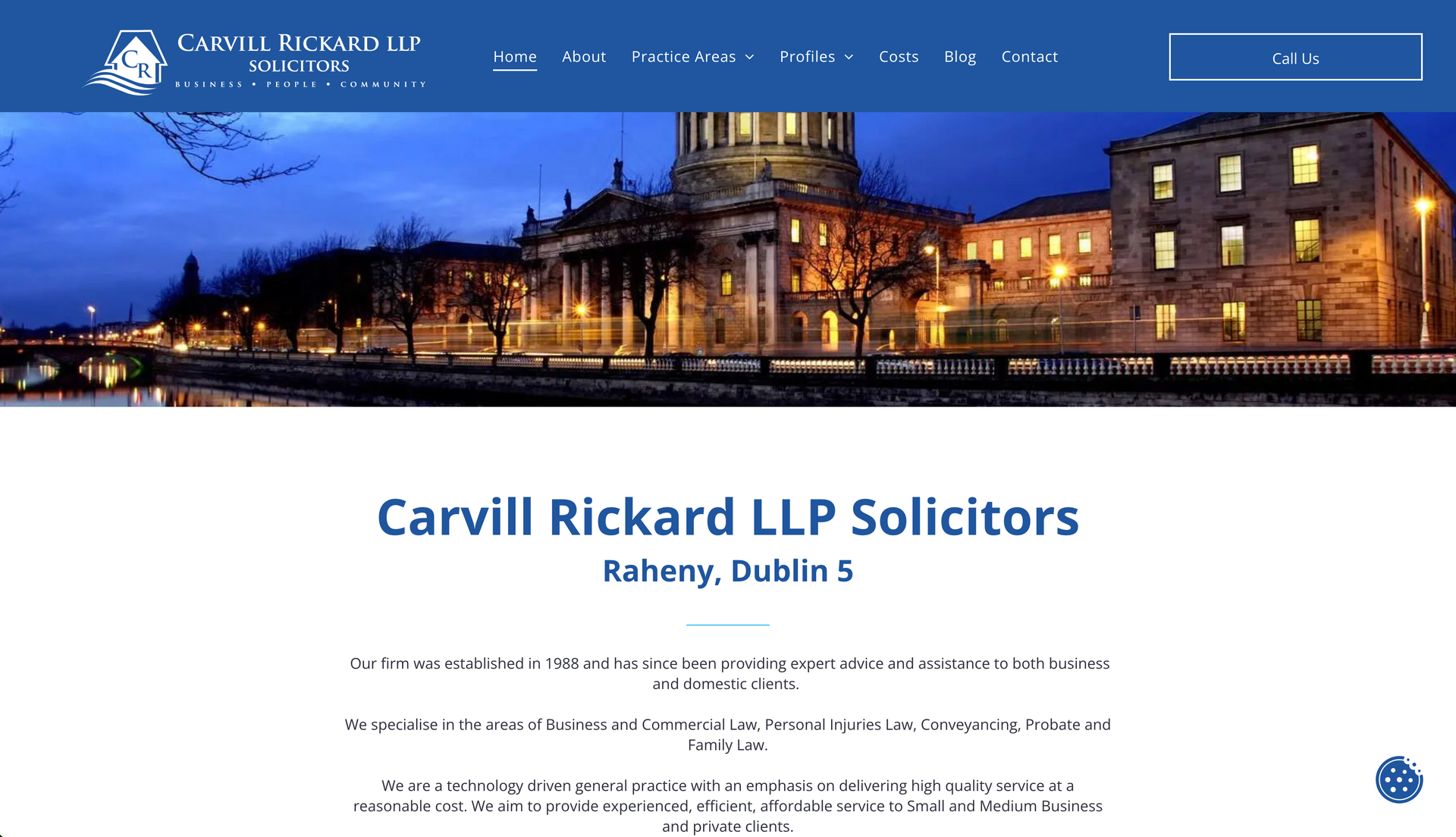 Website homepage featuring Carvill Rickard LLP Solicitors building in Dublin, Ireland.