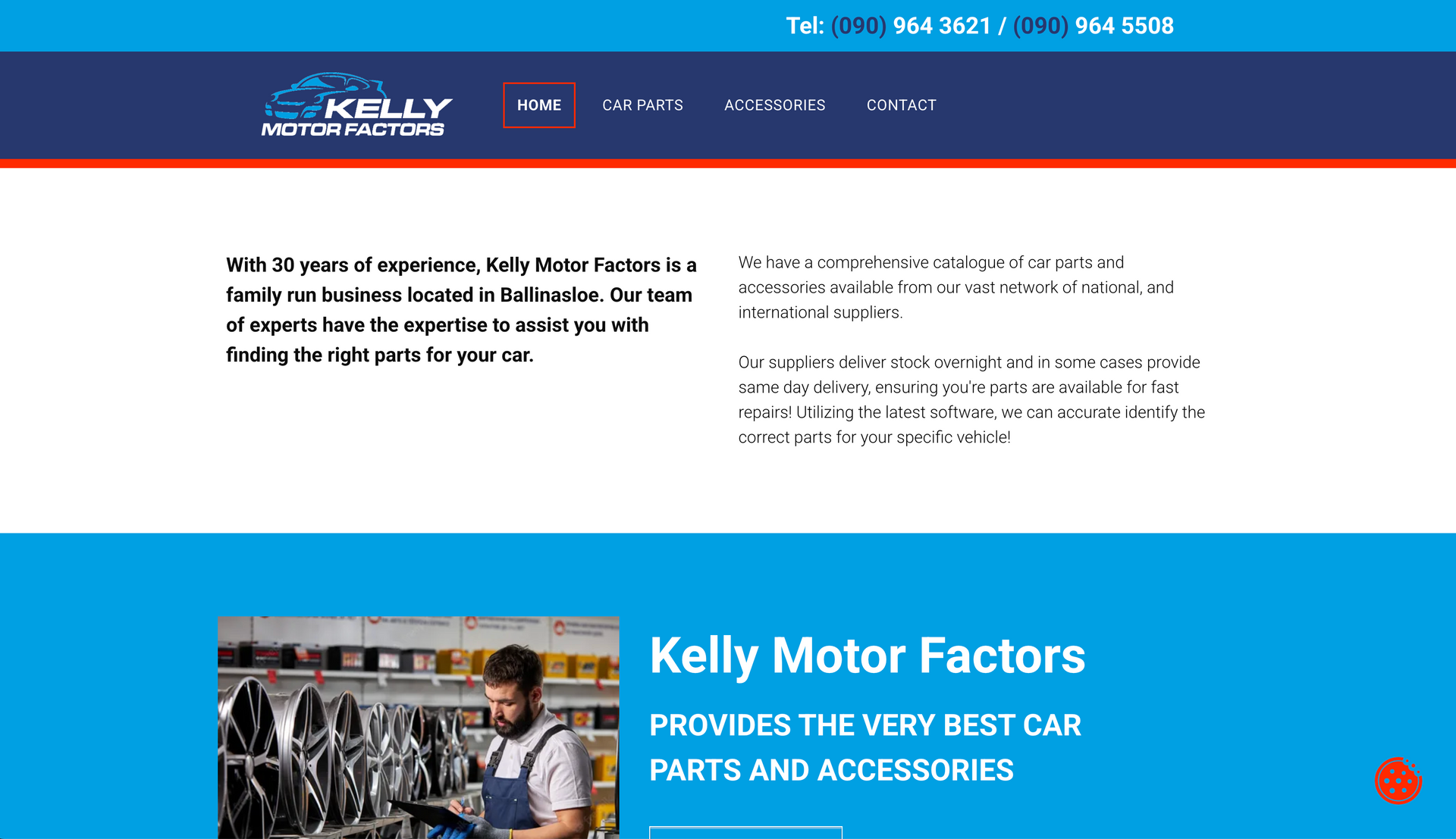 Kelly Motor Factors website: blue banner with logo and navigation, man looking at car parts.