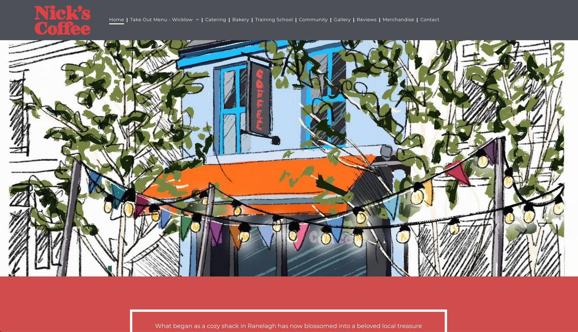 Illustration of Nick's Coffee shop exterior with an orange awning and string lights.