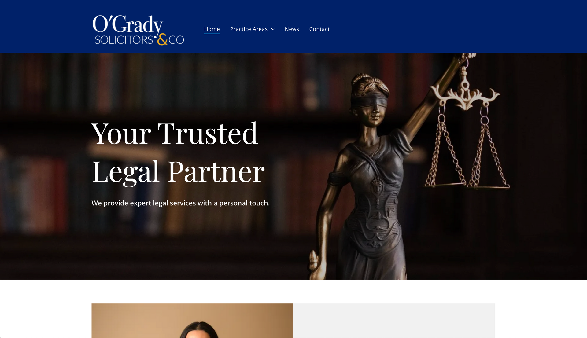 Statue of Lady Justice holding scales, law firm's homepage, text overlay: 