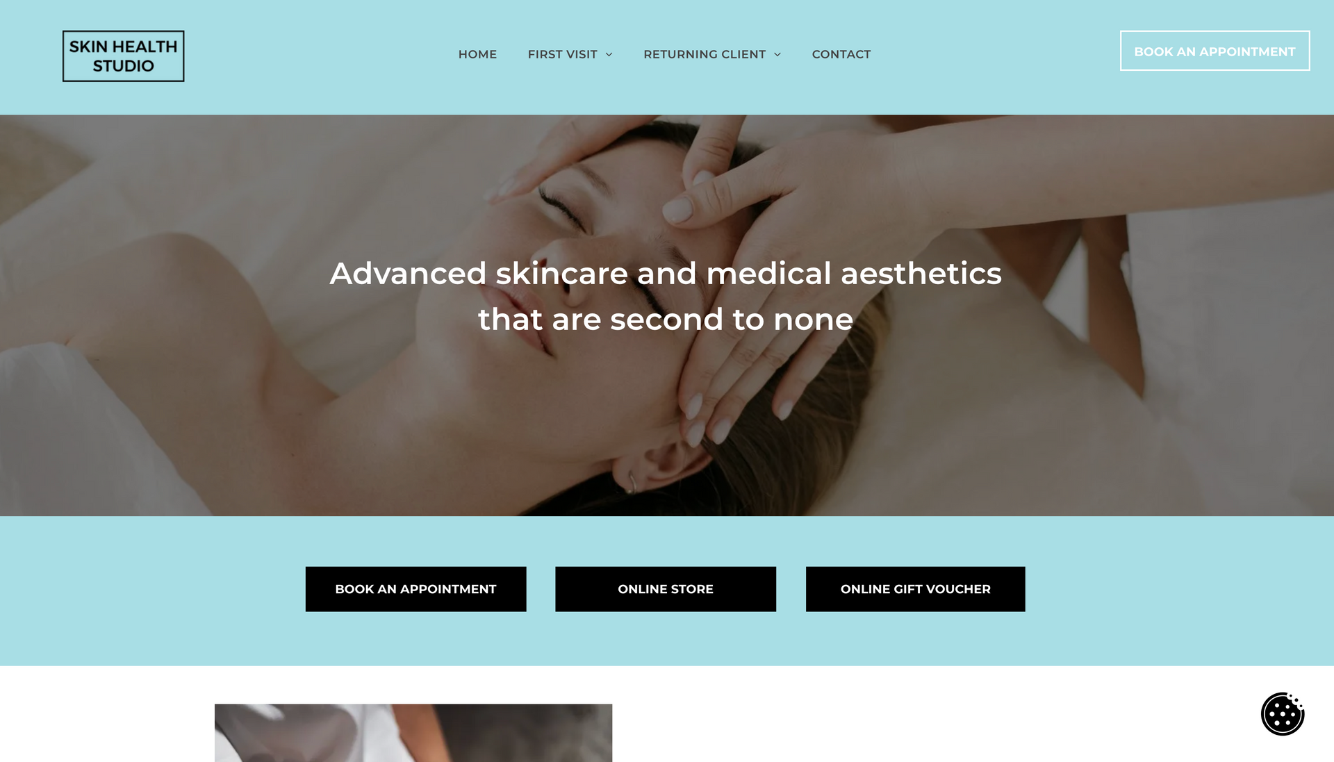 Website homepage: A person receiving a facial treatment, featuring medical aesthetics and skincare services.