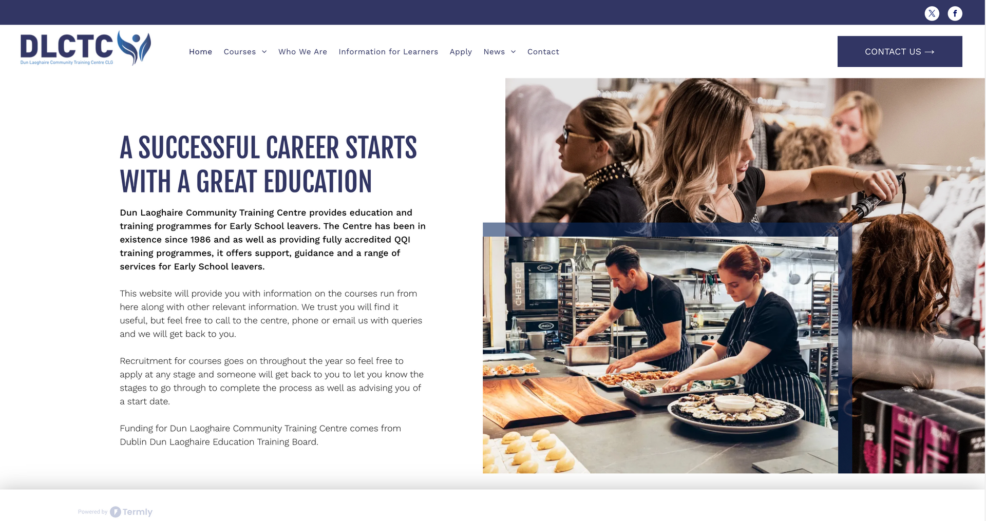 DLCTC website with text and photos of students and chefs cooking.