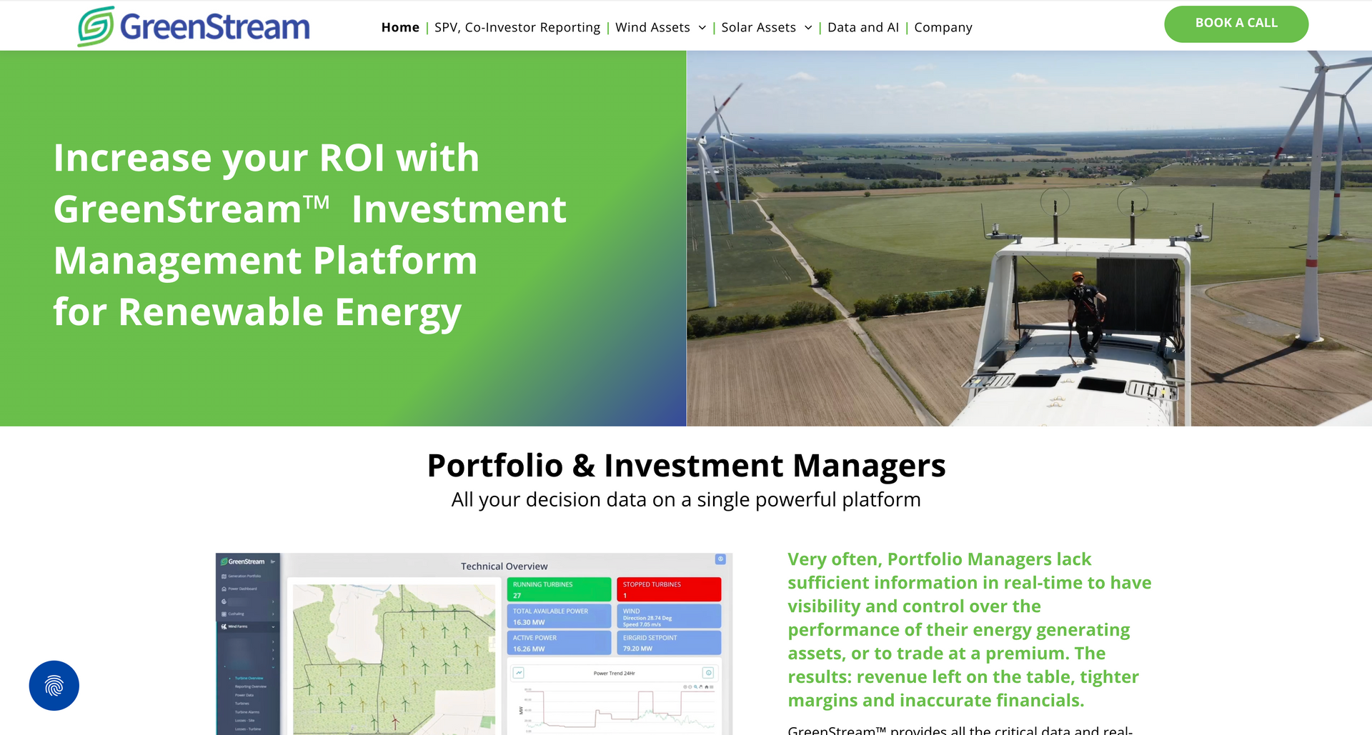 GreenStream website: Investment platform for renewable energy, with wind turbines in the background.