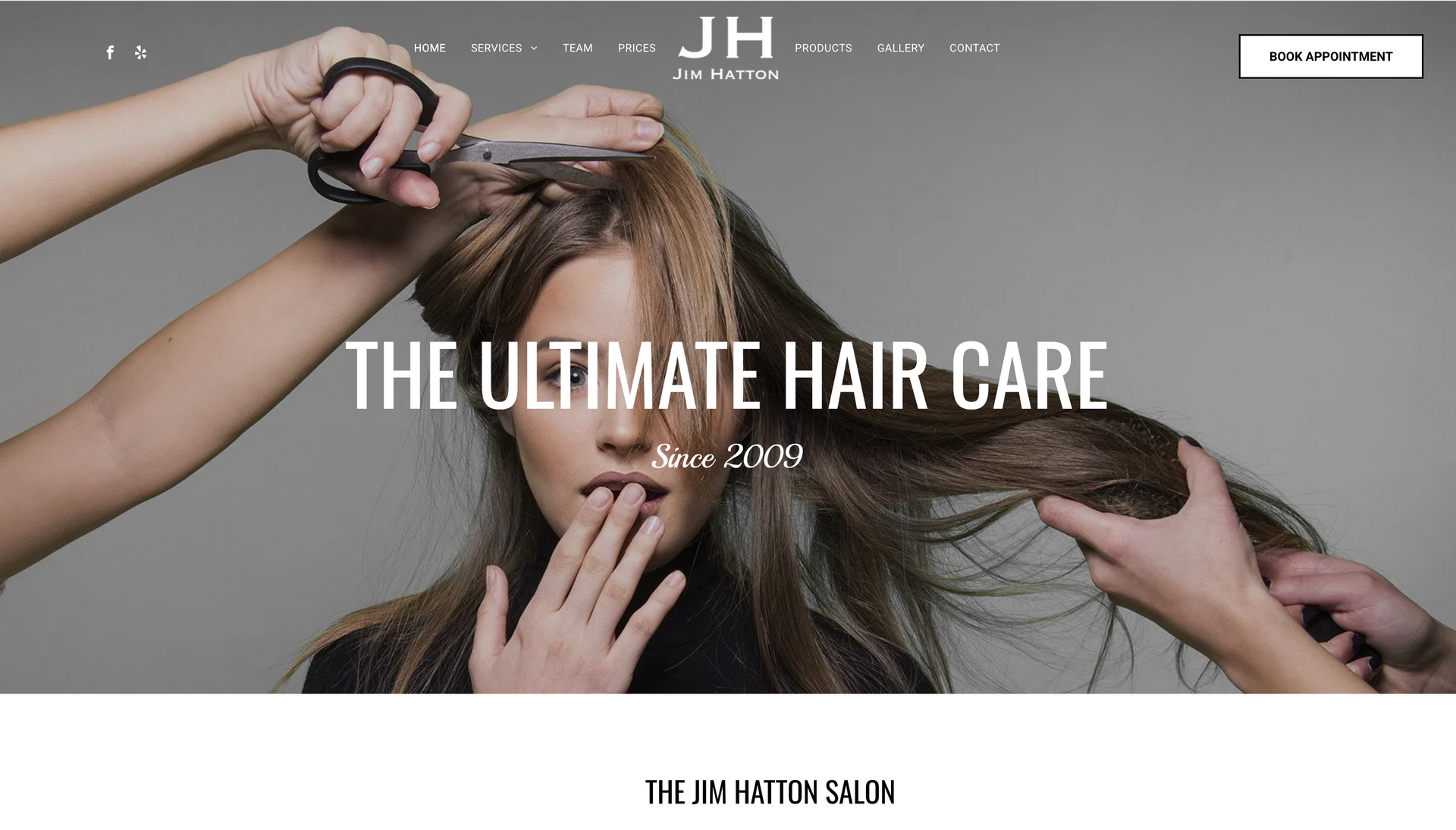 Woman's hair being styled by hands holding scissors, with text