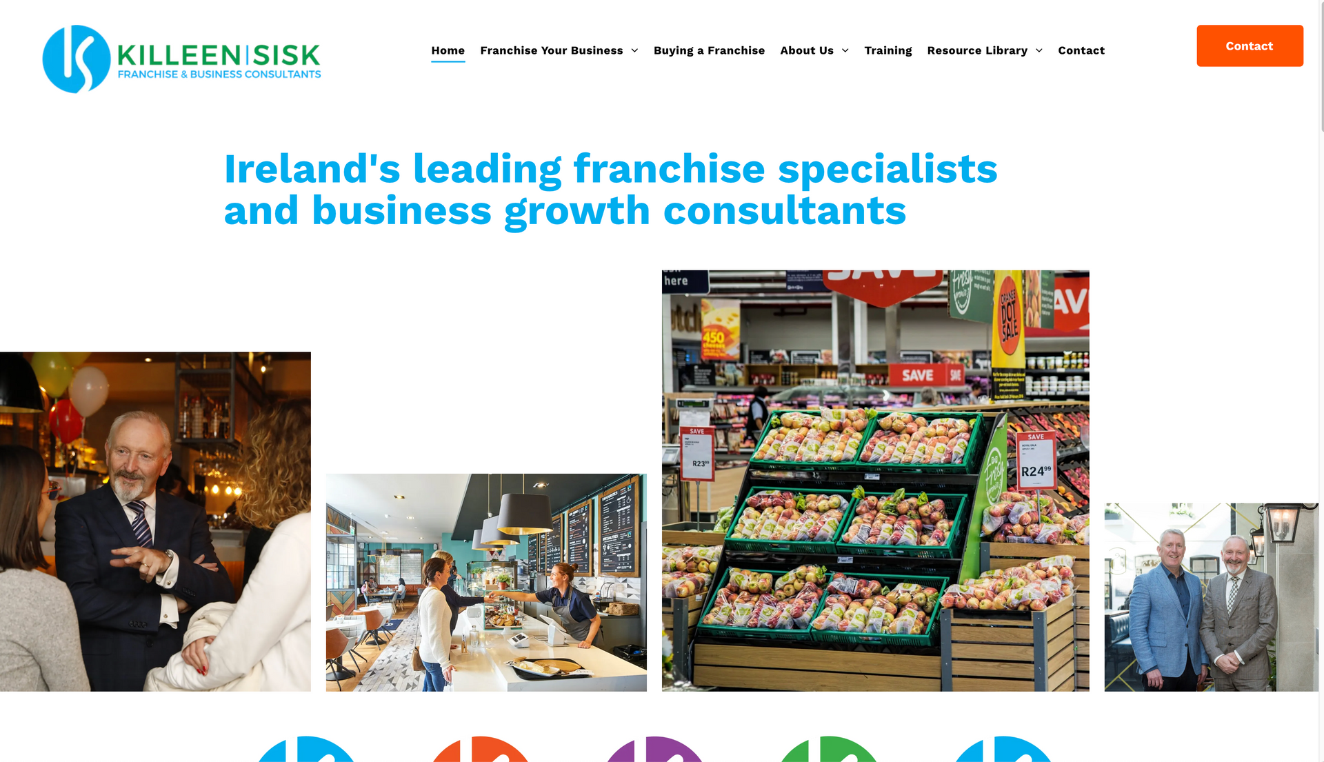 KilleenSisk website: franchise consultants, grocery store display, people in a café, man in suit shaking hands.